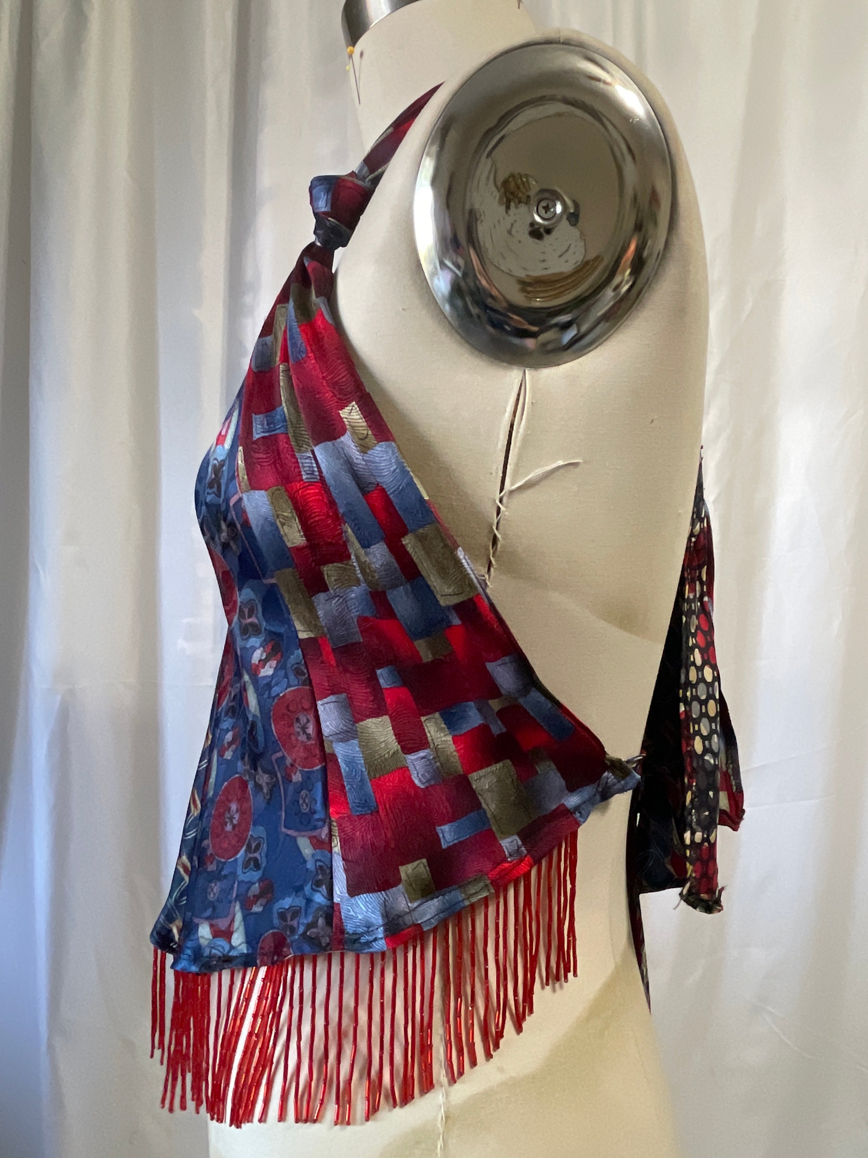 Upcycled Necktie V Top Fringe #10