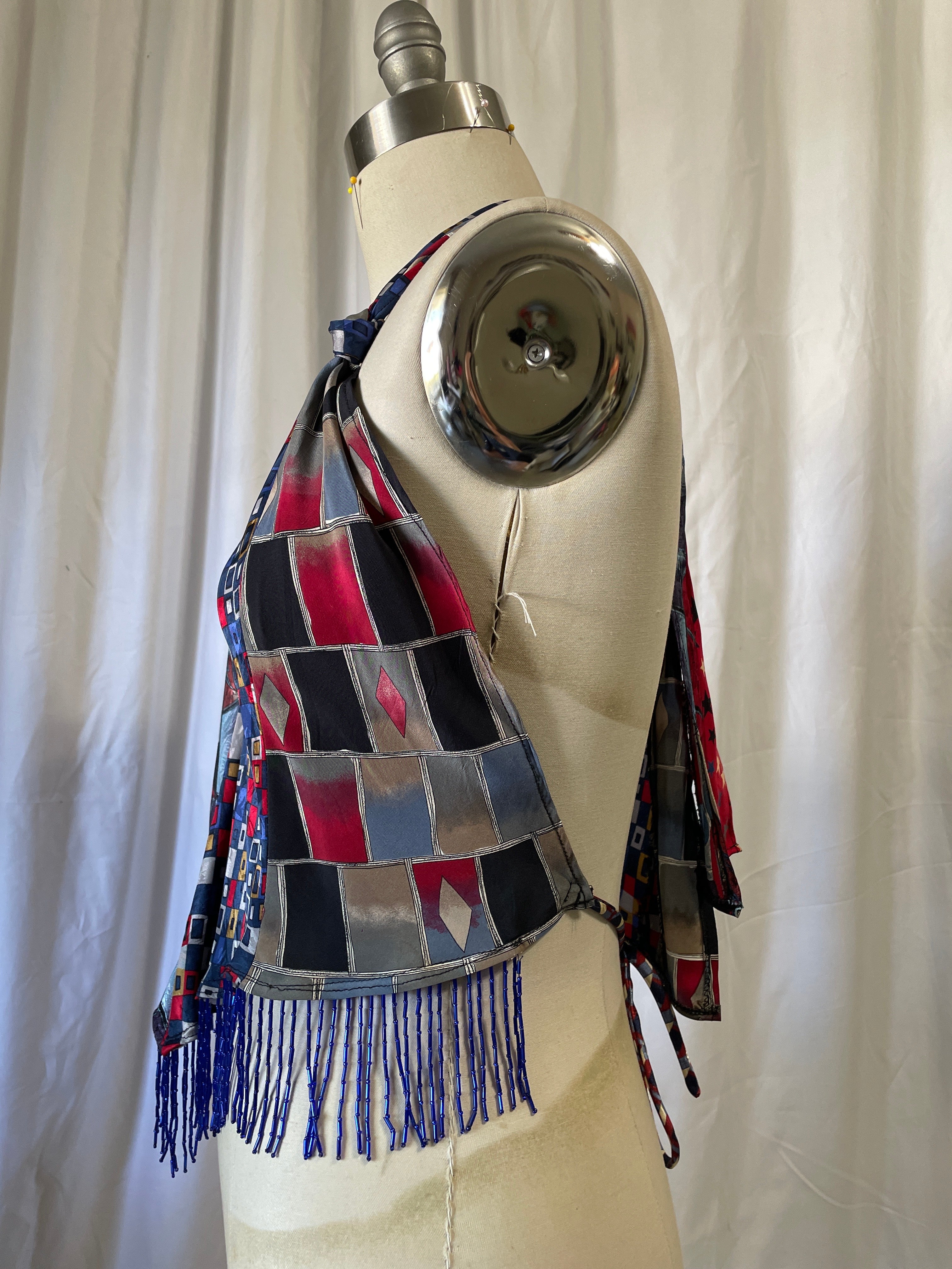 Upcycled Necktie V Top Fringe #6