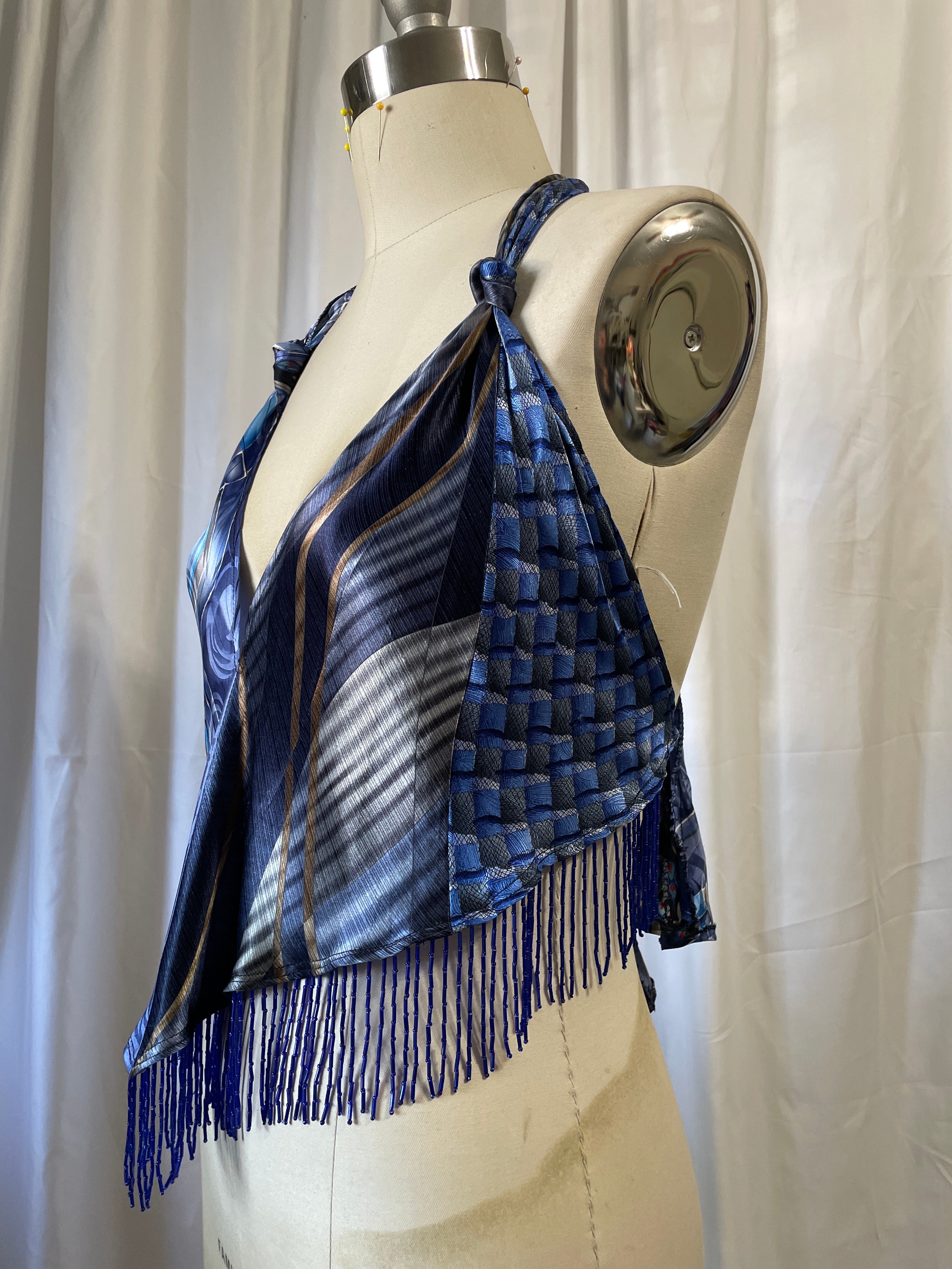Upcycled Necktie V Top Fringe #9