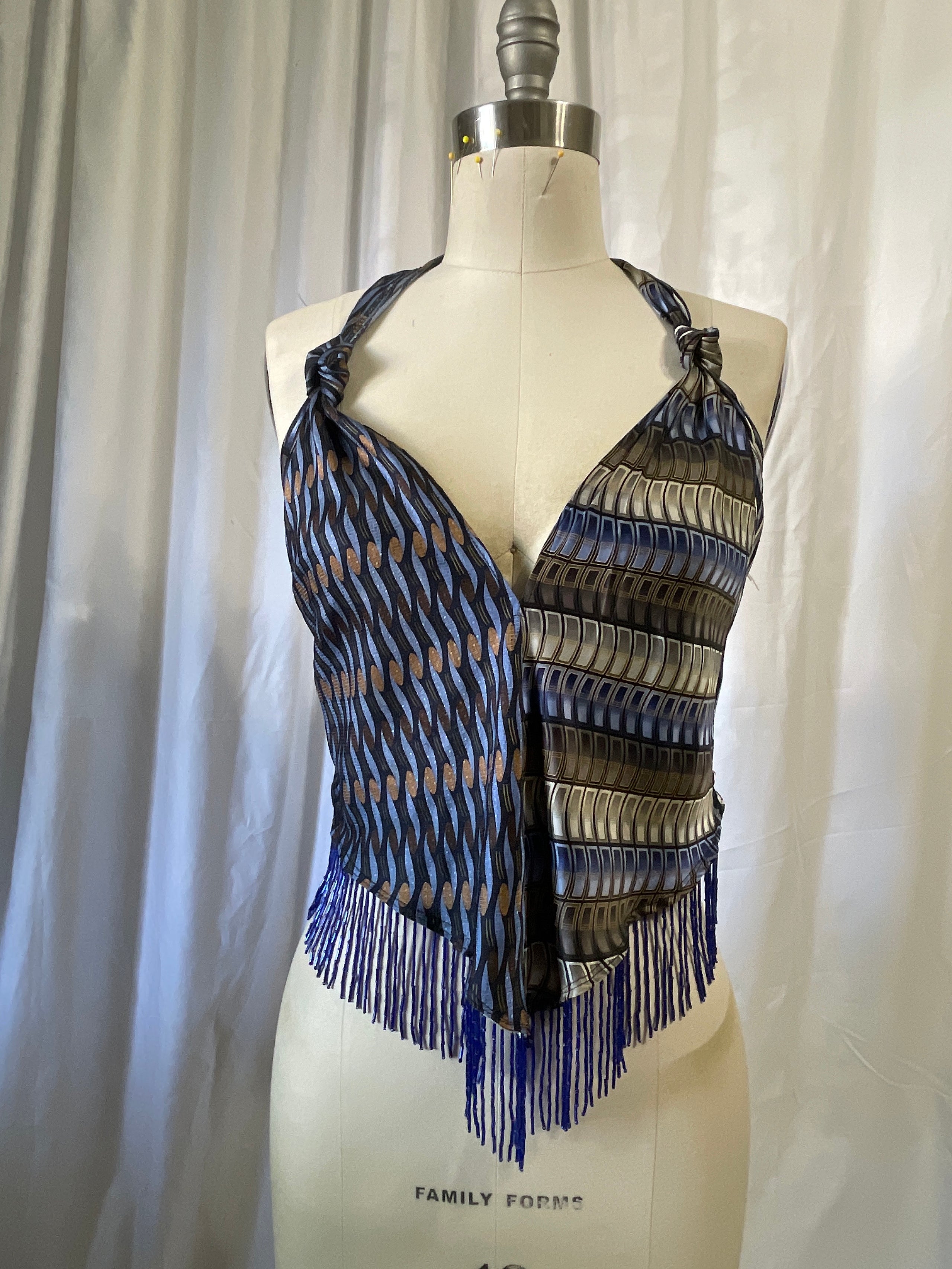 Upcycled Necktie V Top Fringe #7