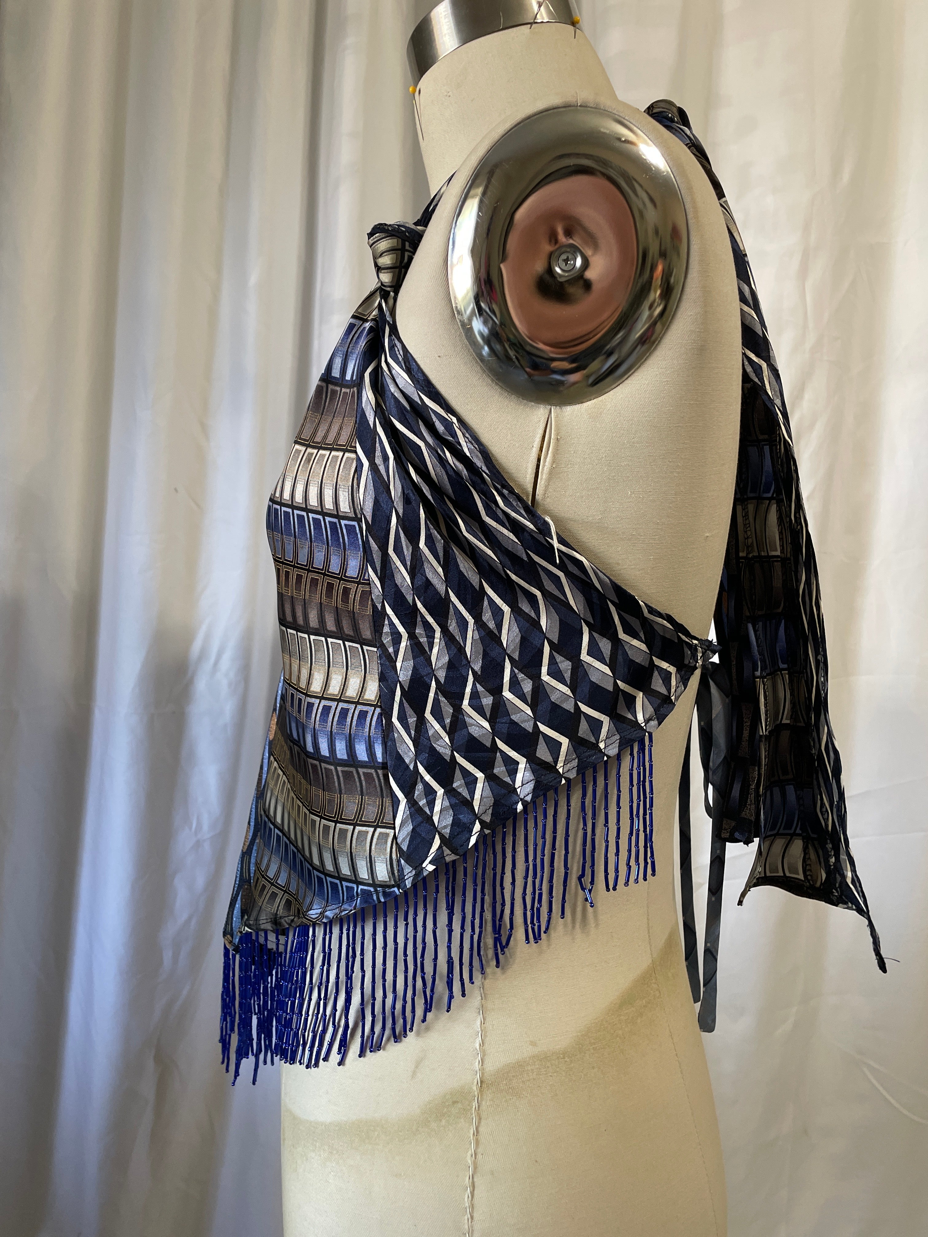 Upcycled Necktie V Top Fringe #7