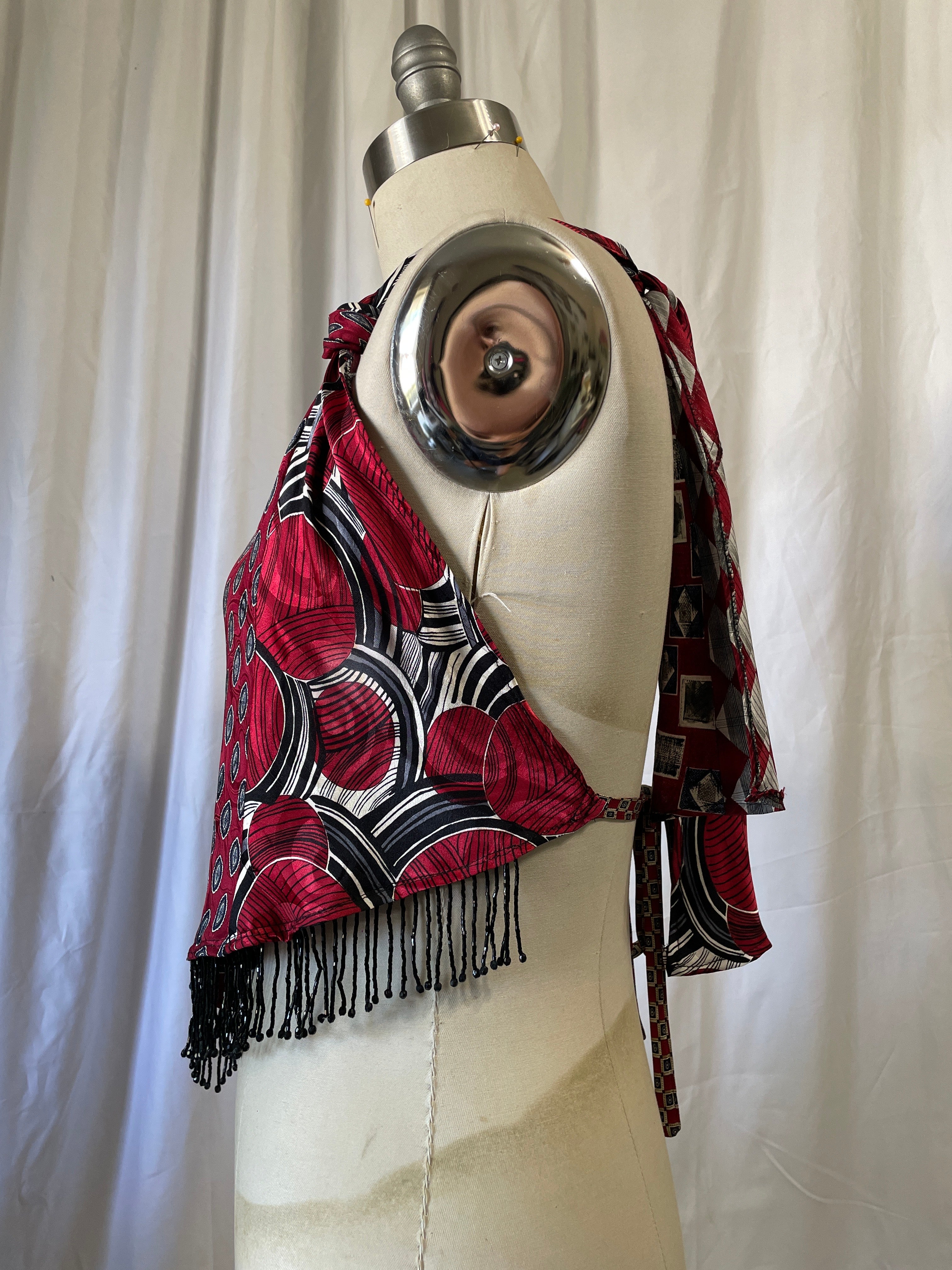 Upcycled Necktie V Top Fringe #4