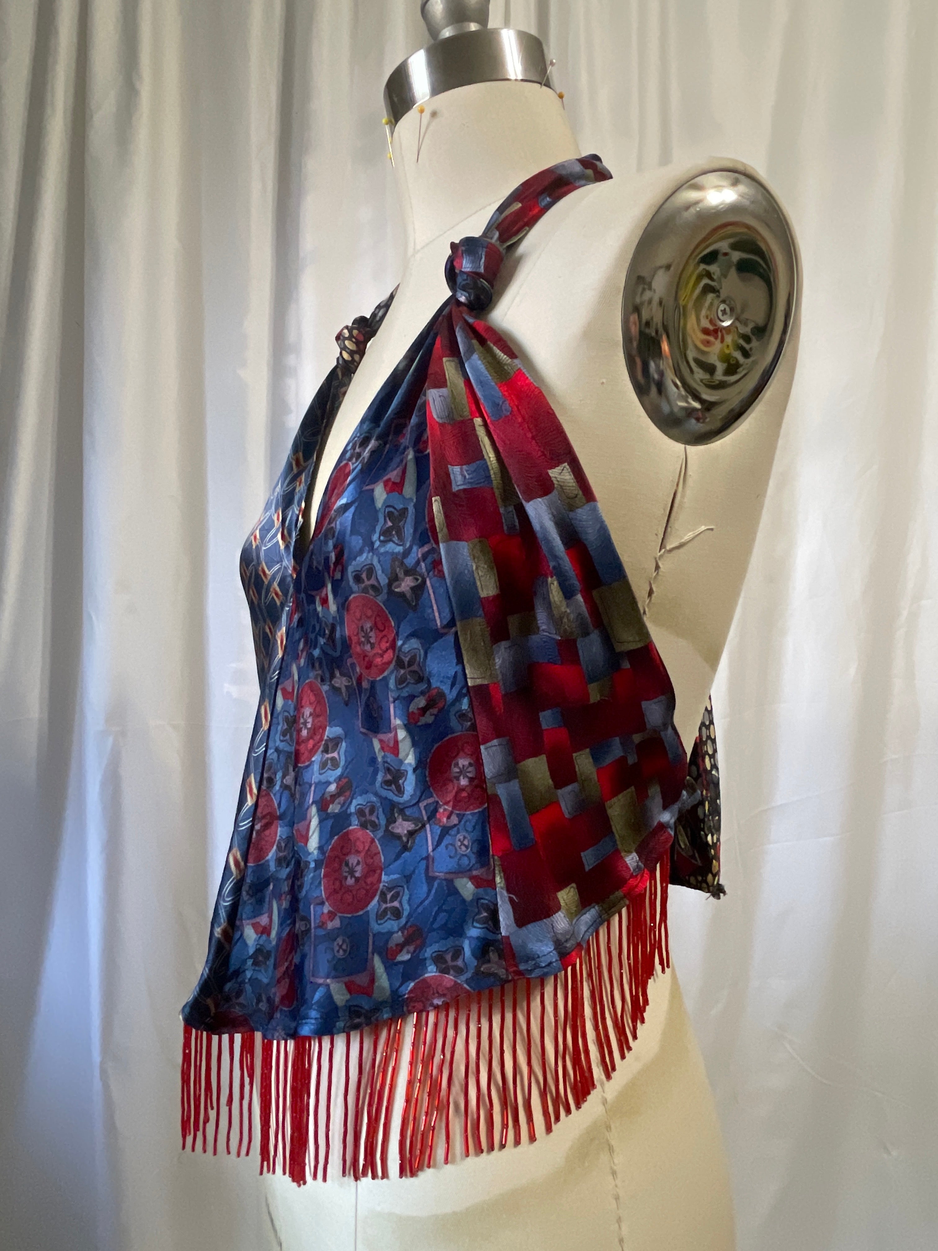 Upcycled Necktie V Top Fringe #10