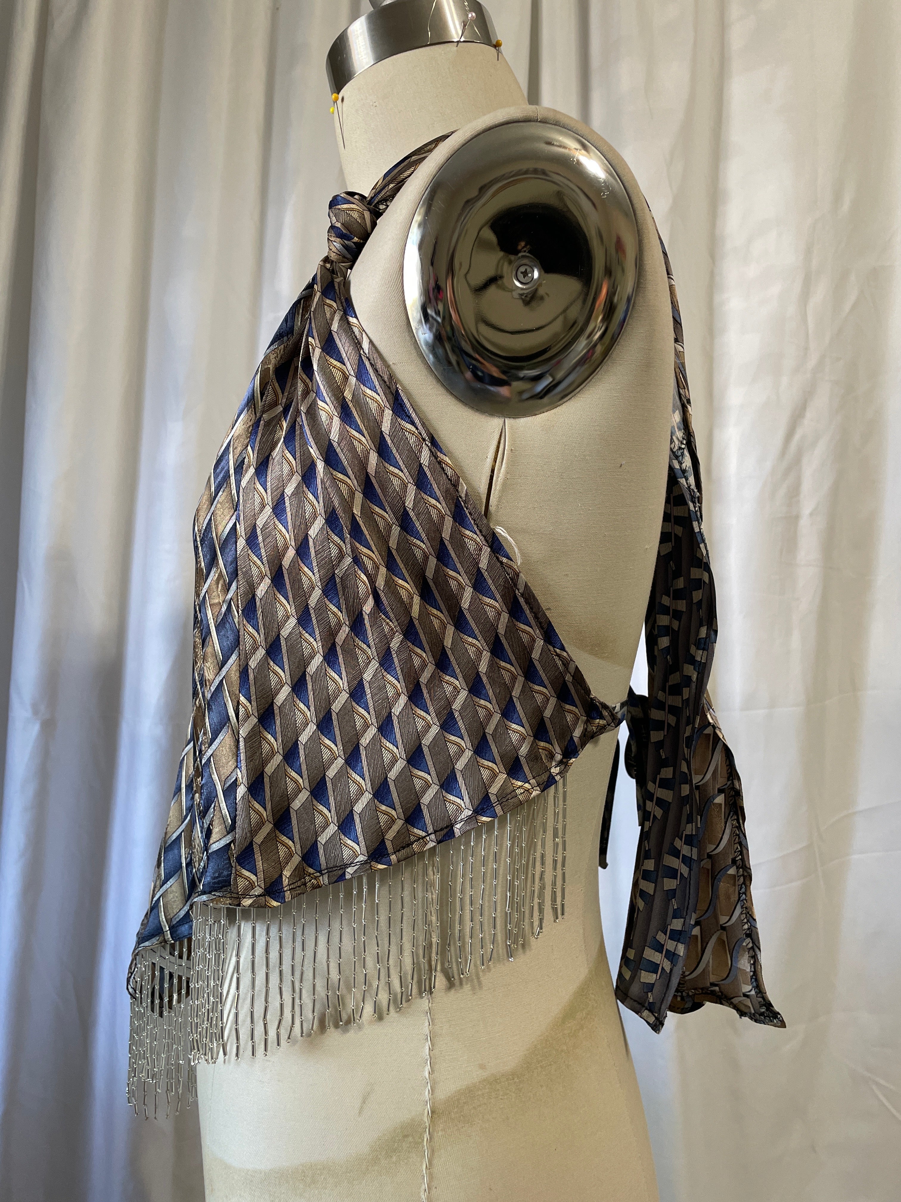 Upcycled Necktie V Top Fringe #8