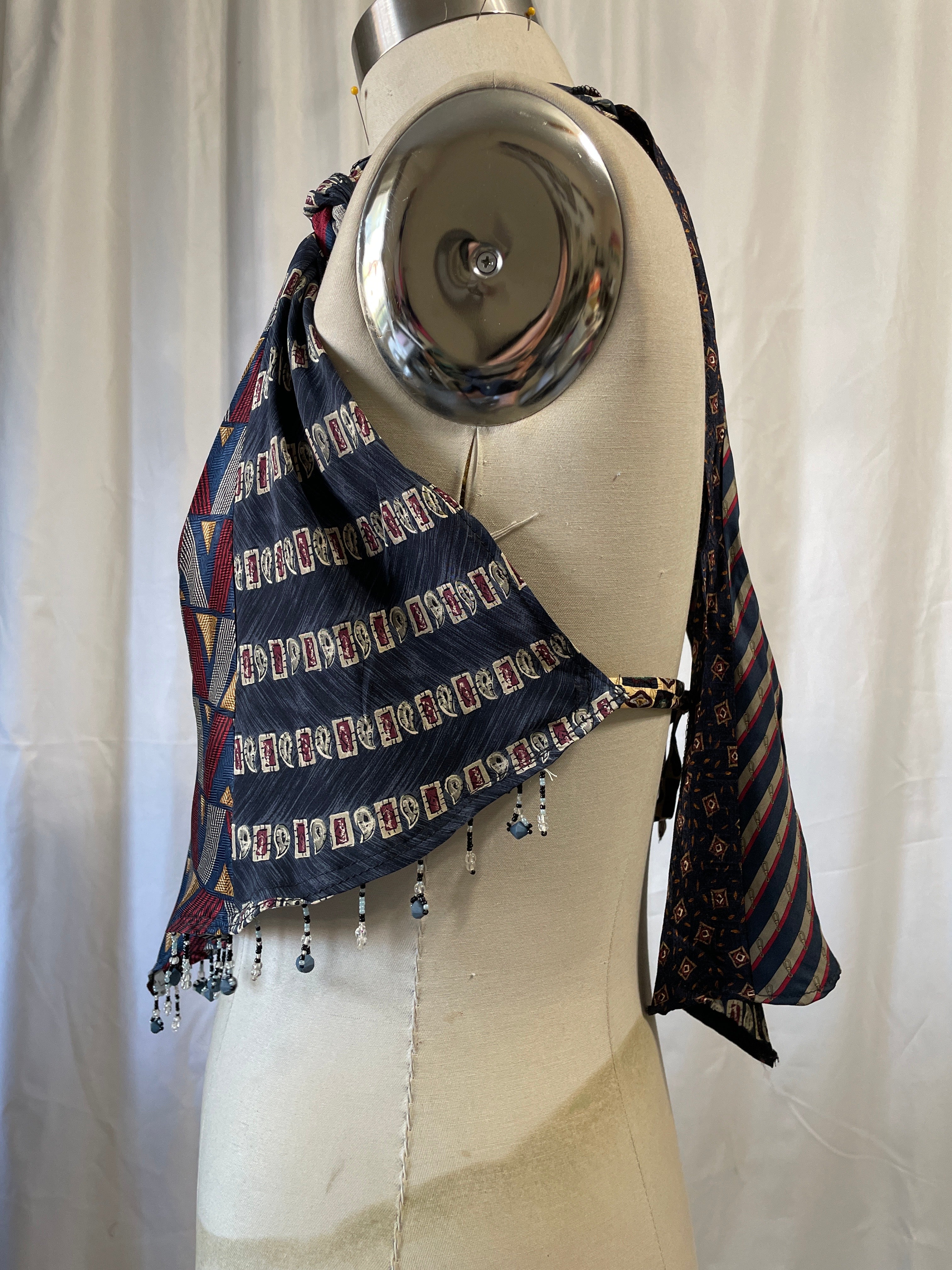 Upcycled Necktie V Top Fringe #11
