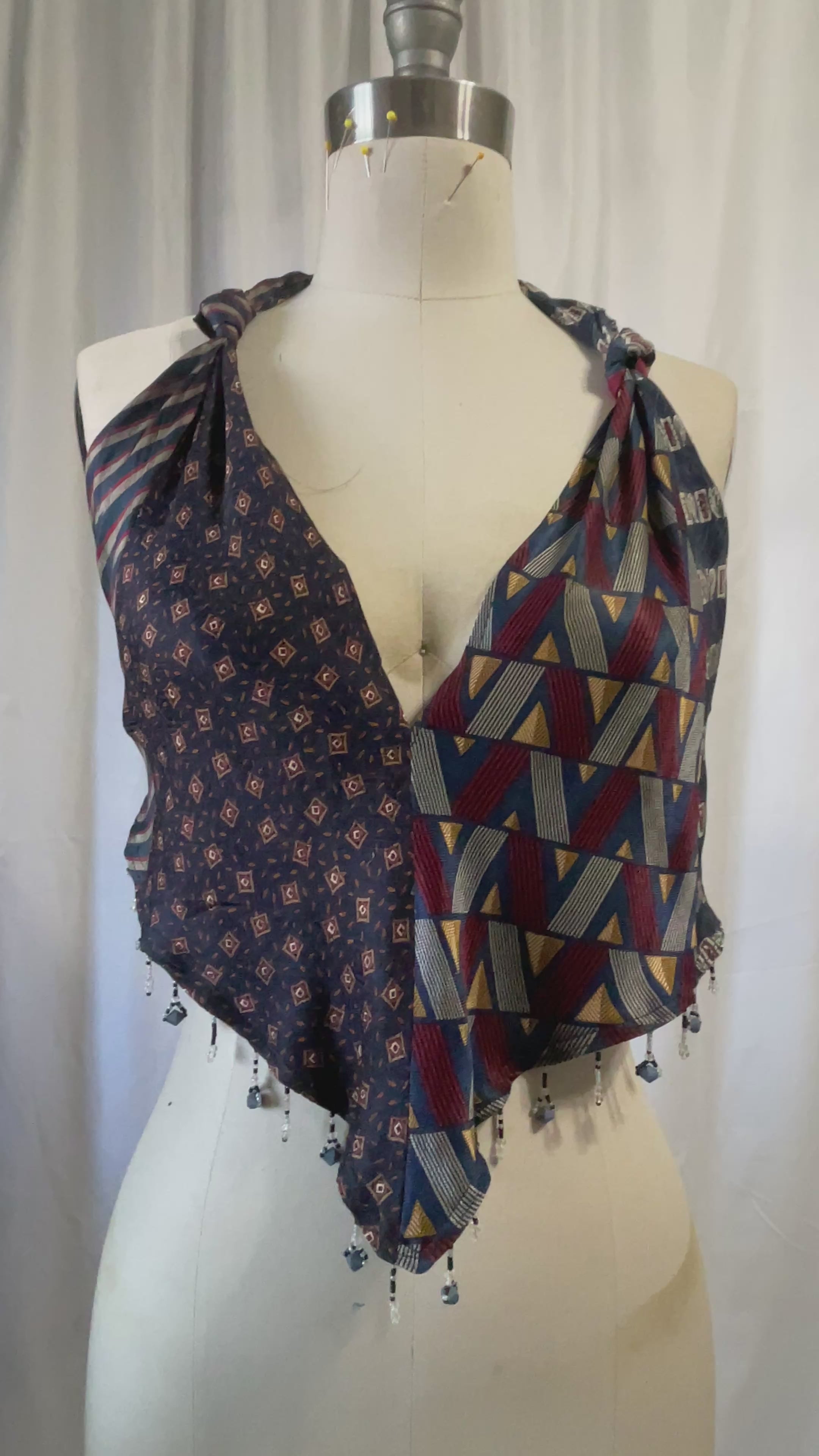 Upcycled Necktie V Top Fringe #11