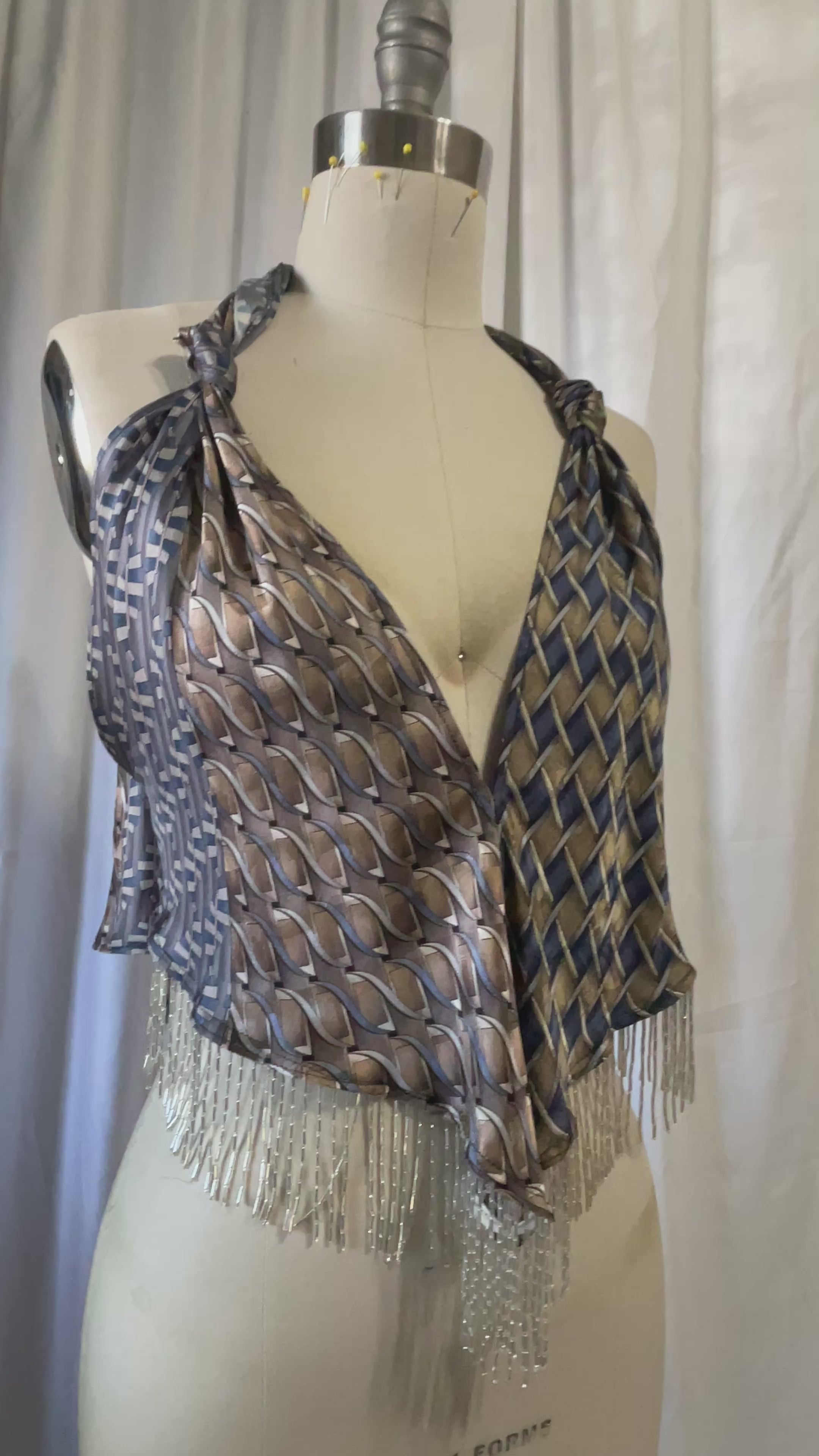 Upcycled Necktie V Top Fringe #8