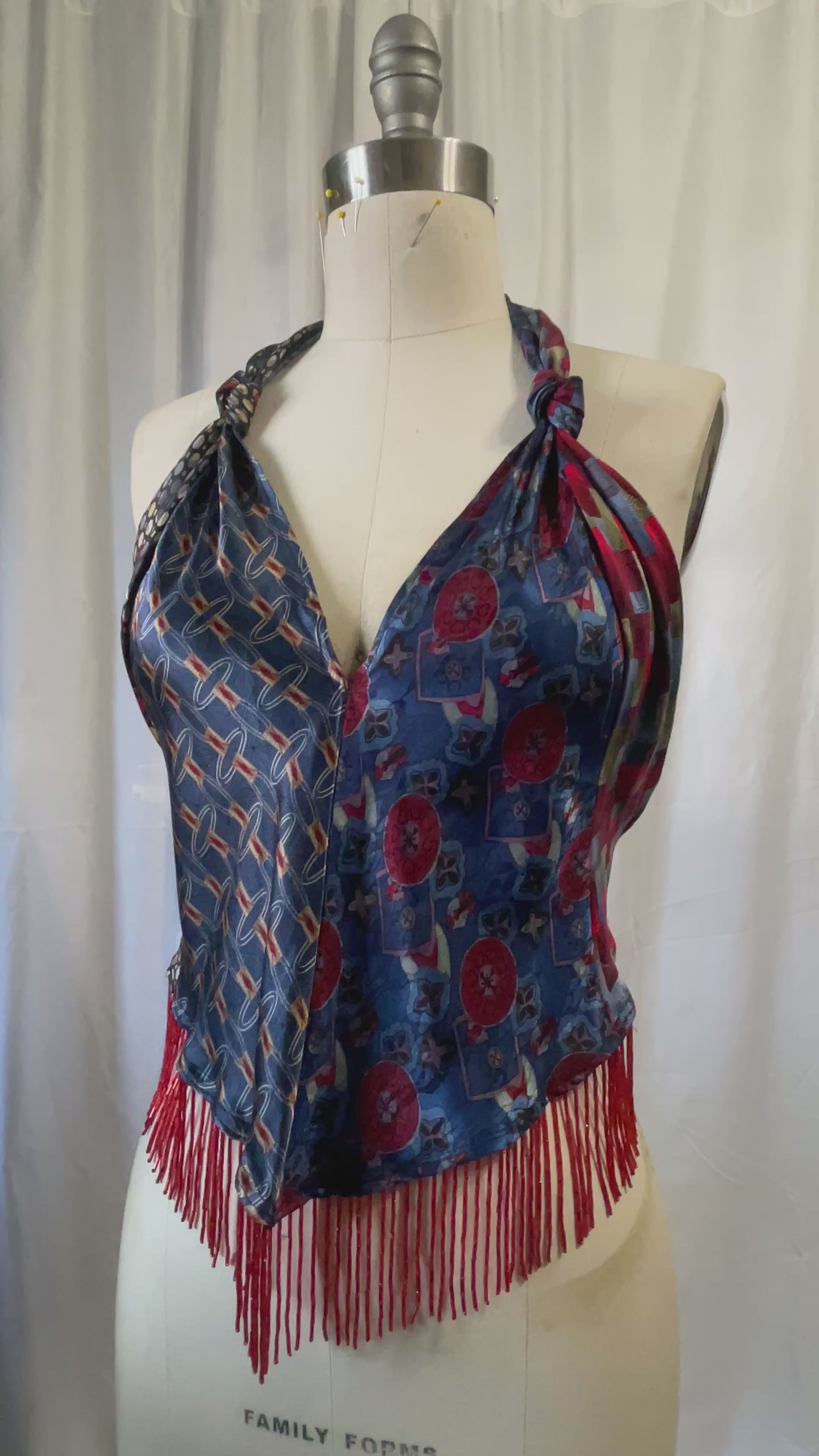 Upcycled Necktie V Top Fringe #10