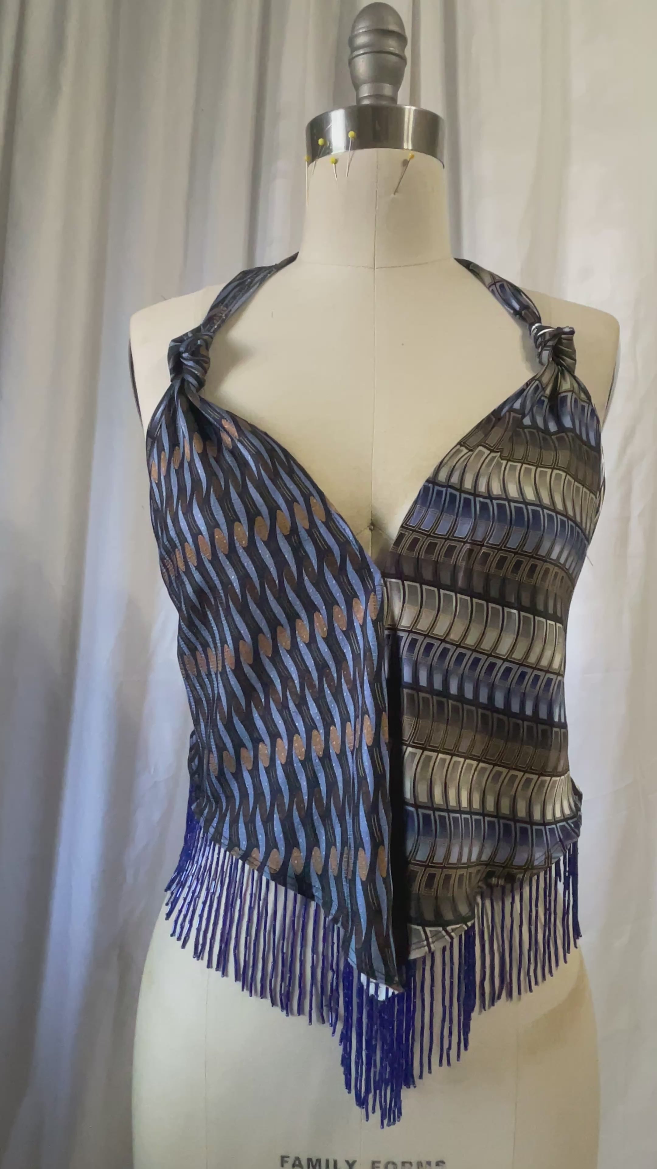 Upcycled Necktie V Top Fringe #7