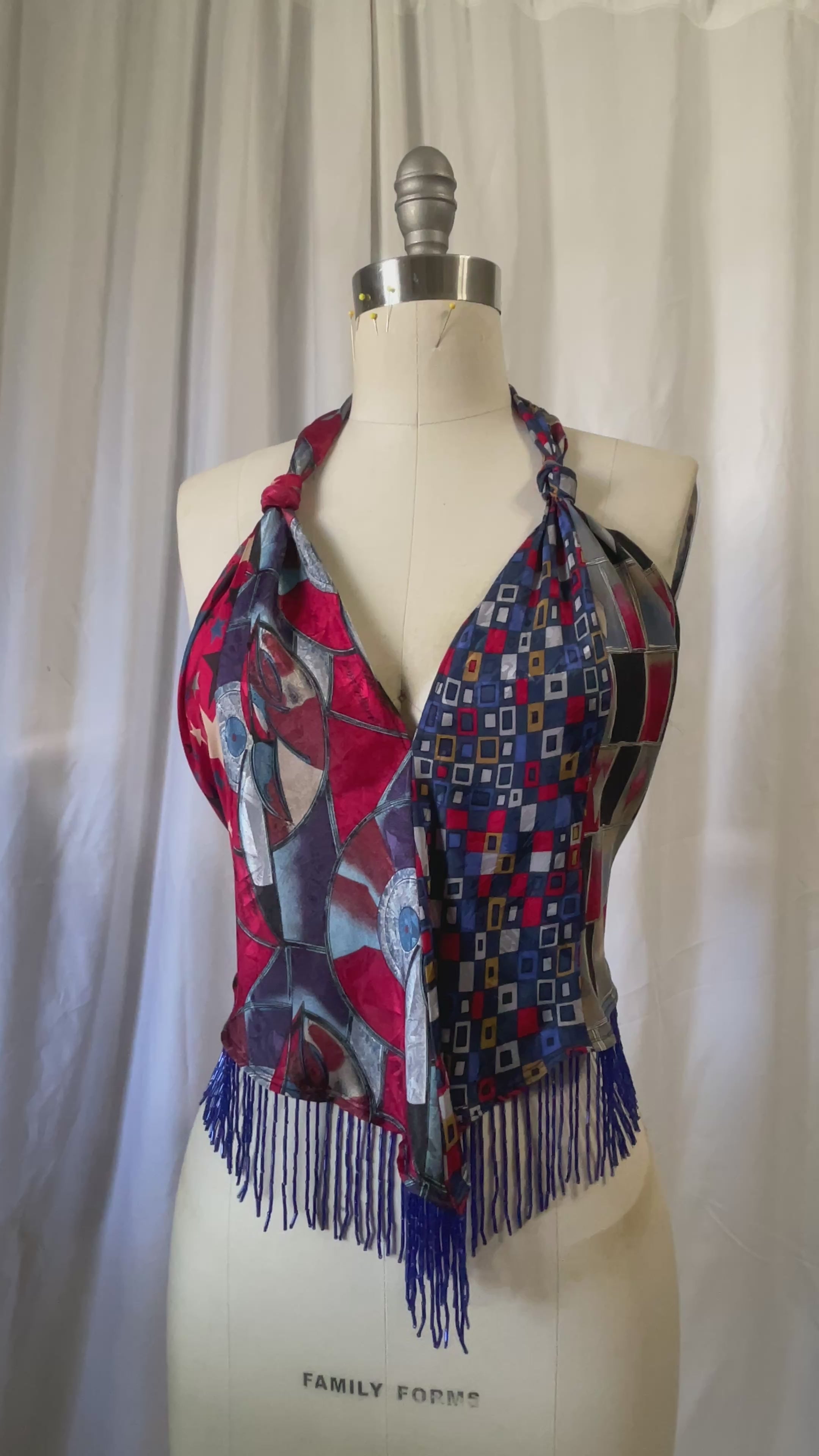 Upcycled Necktie V Top Fringe #6