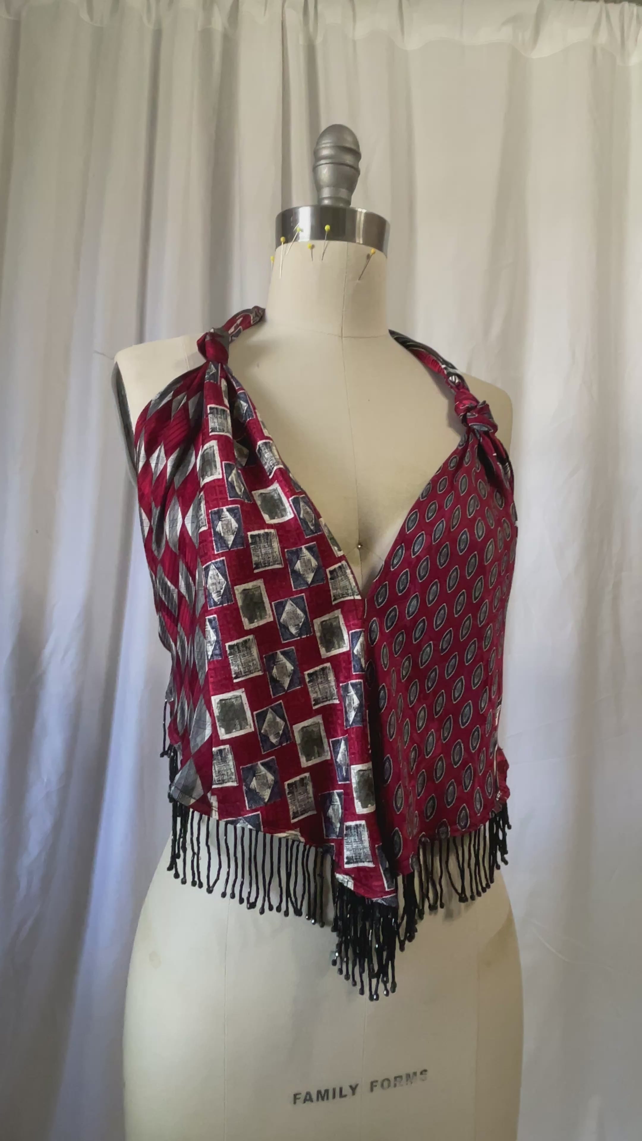 Upcycled Necktie V Top Fringe #4