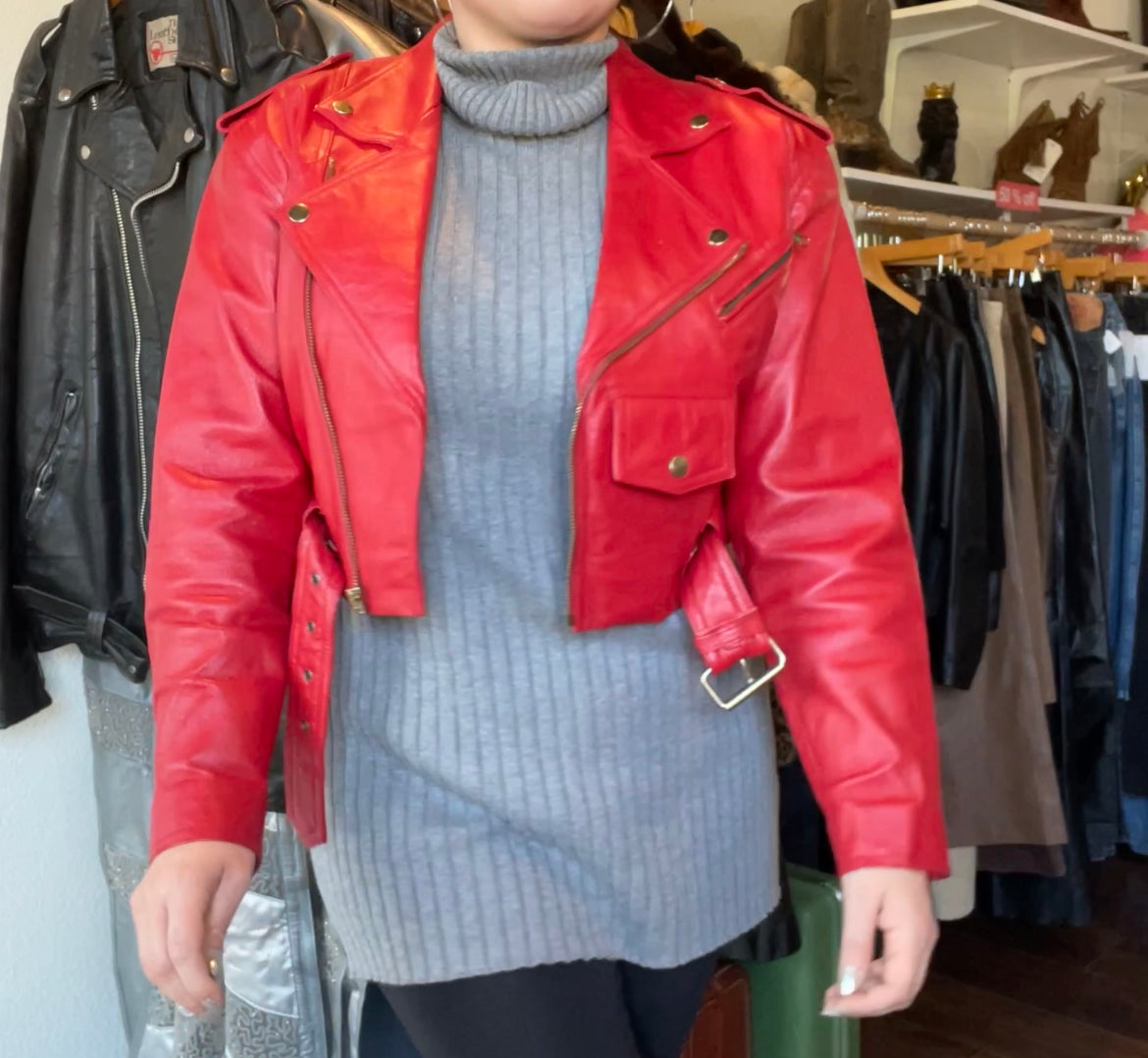 Red Leather Crop Moto