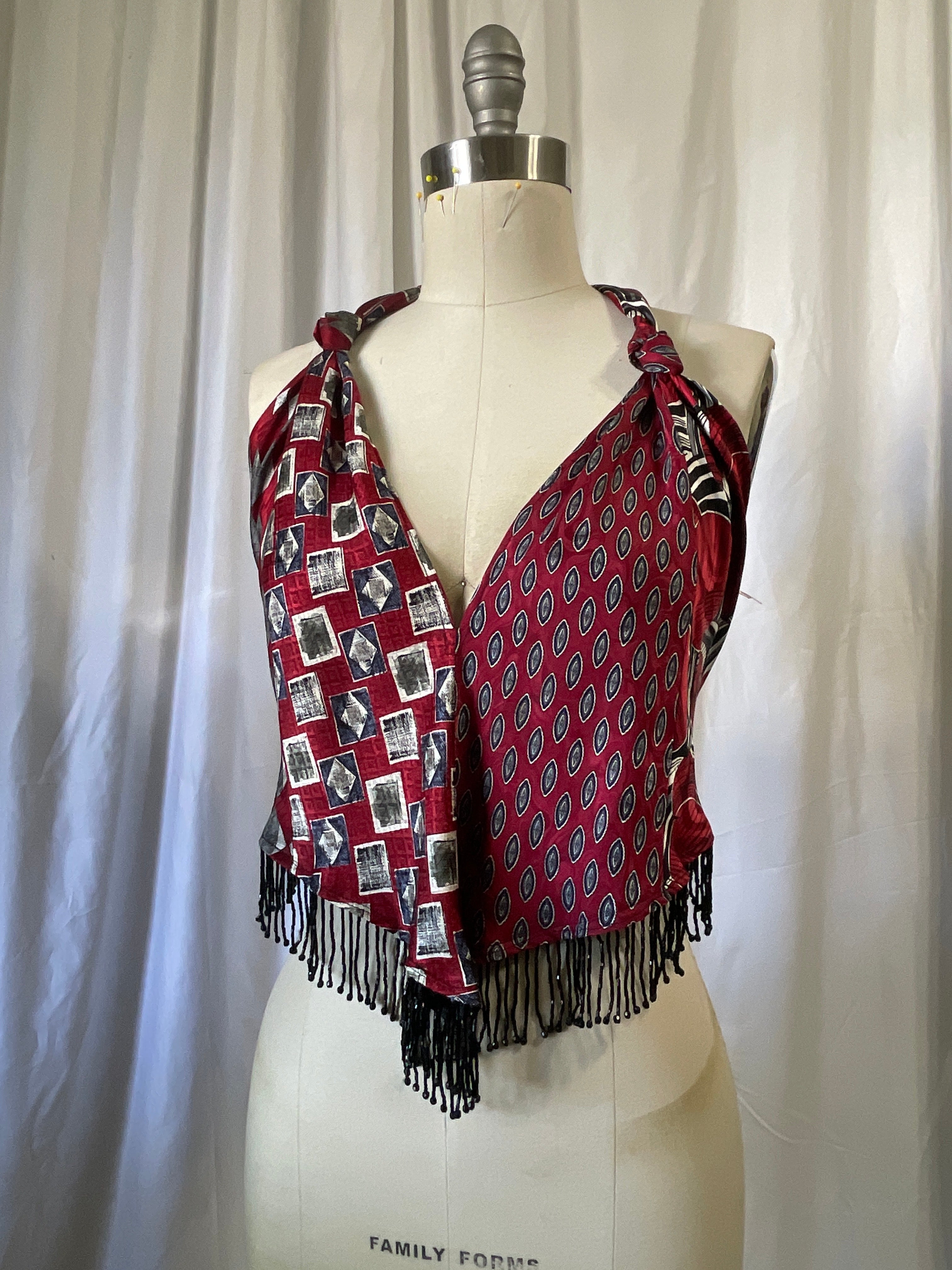 Upcycled Necktie V Top Fringe #4