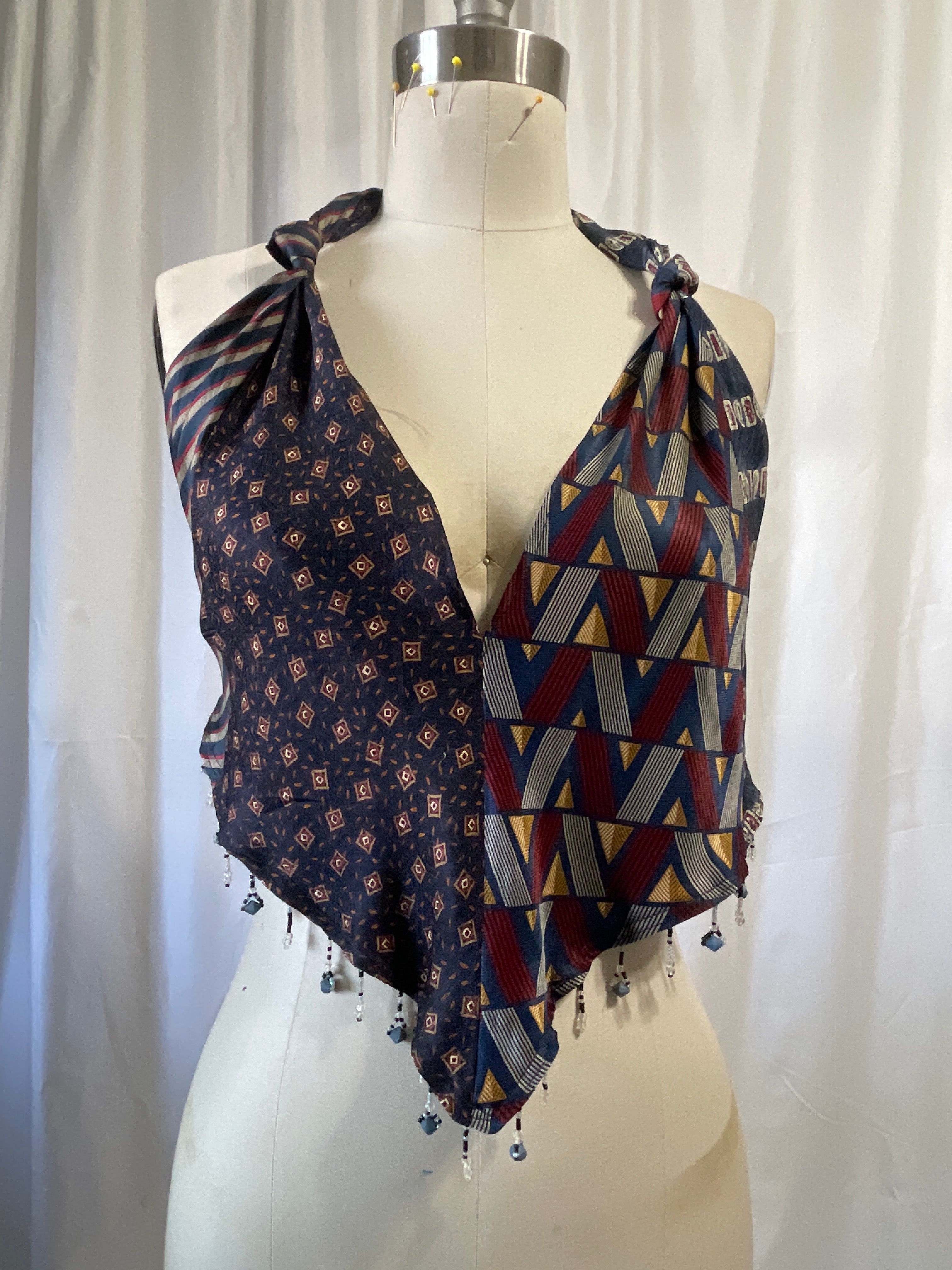 Upcycled Necktie V Top Fringe #11
