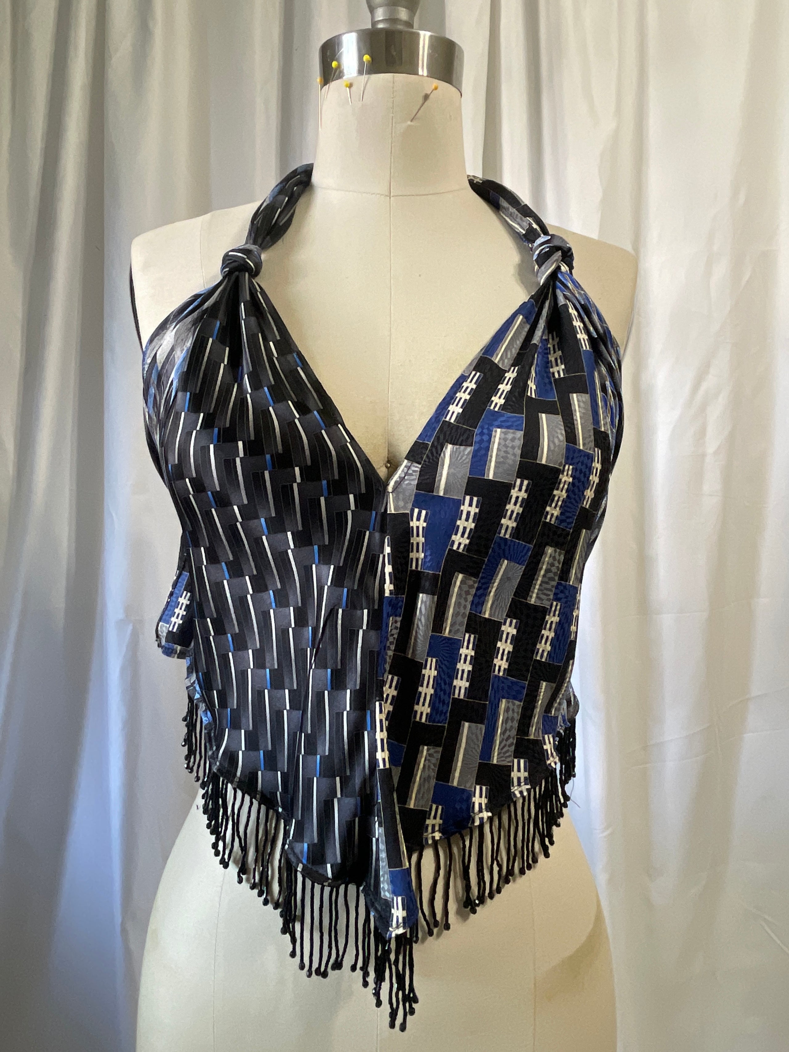 Upcycled Necktie V Top Fringe #3