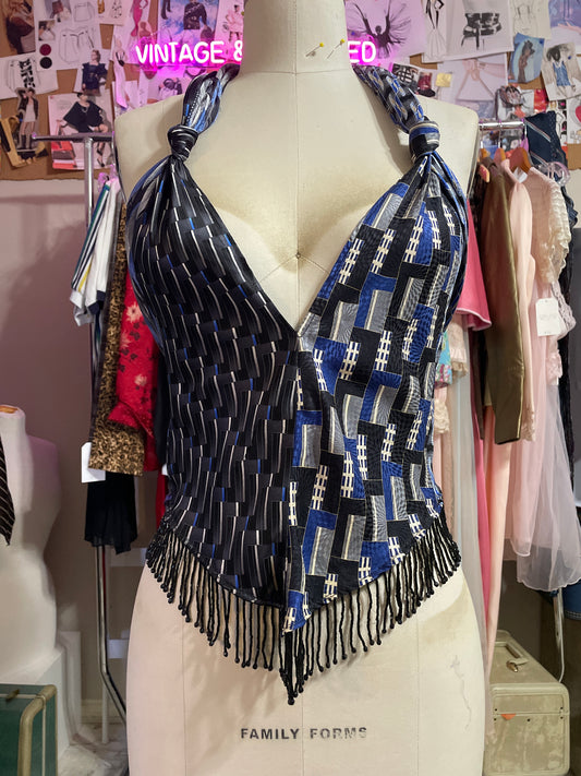 Upcycled Necktie V Top Fringe #3