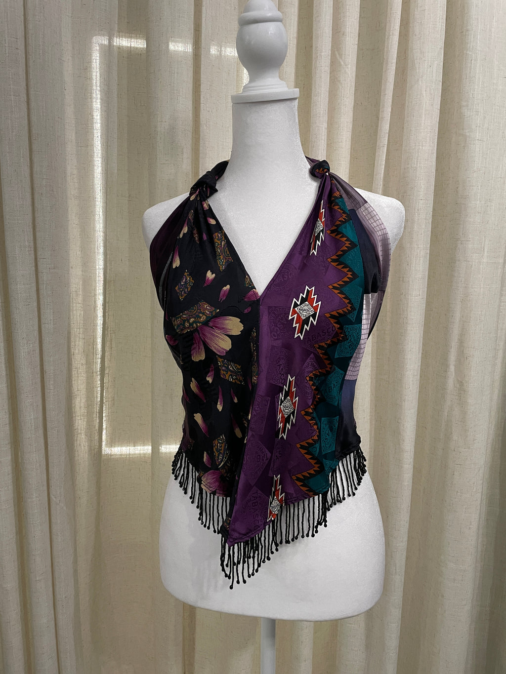 Upcycled Necktie V Top Fringe #15