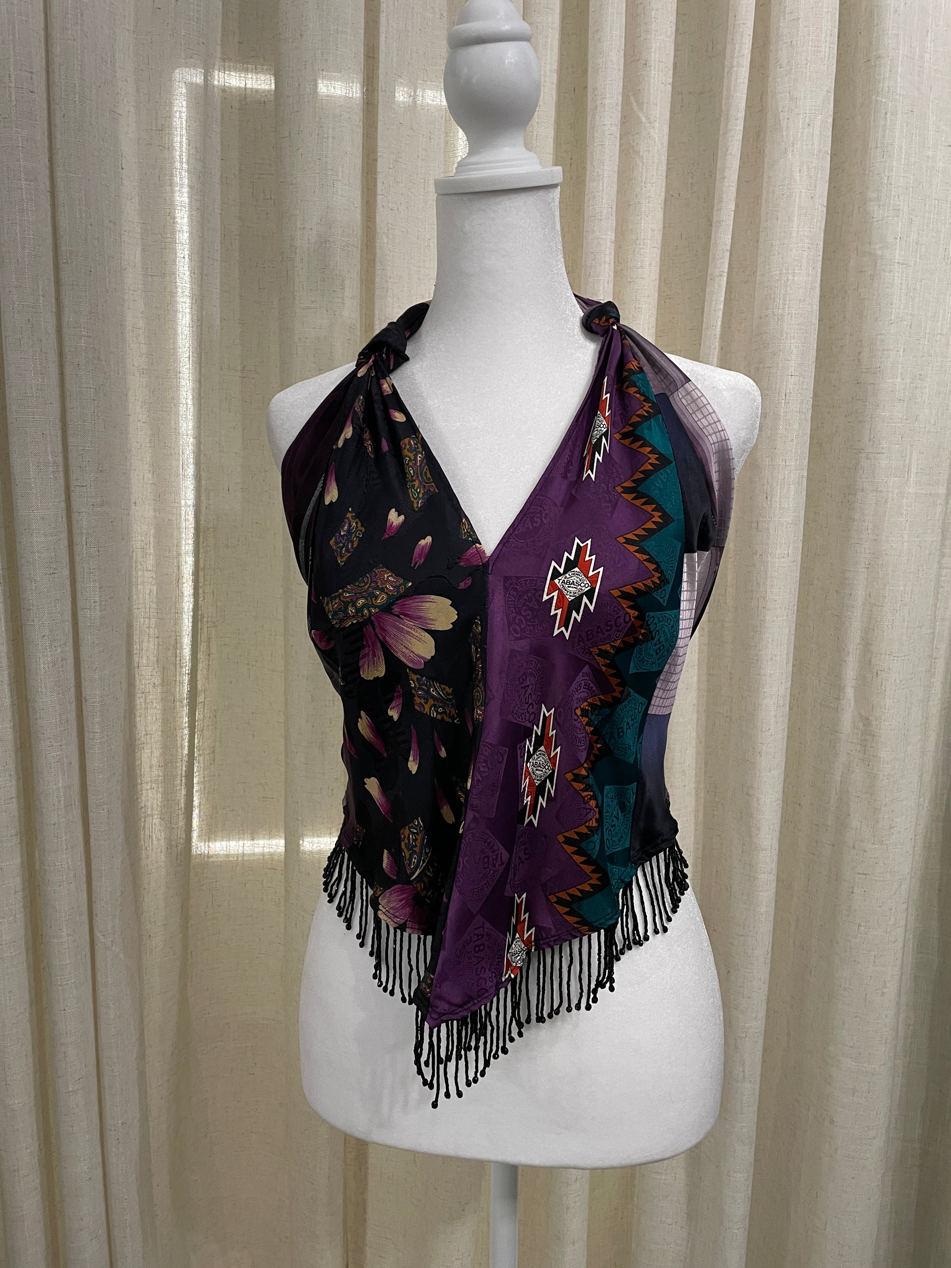 Upcycled Necktie V Top Fringe #15