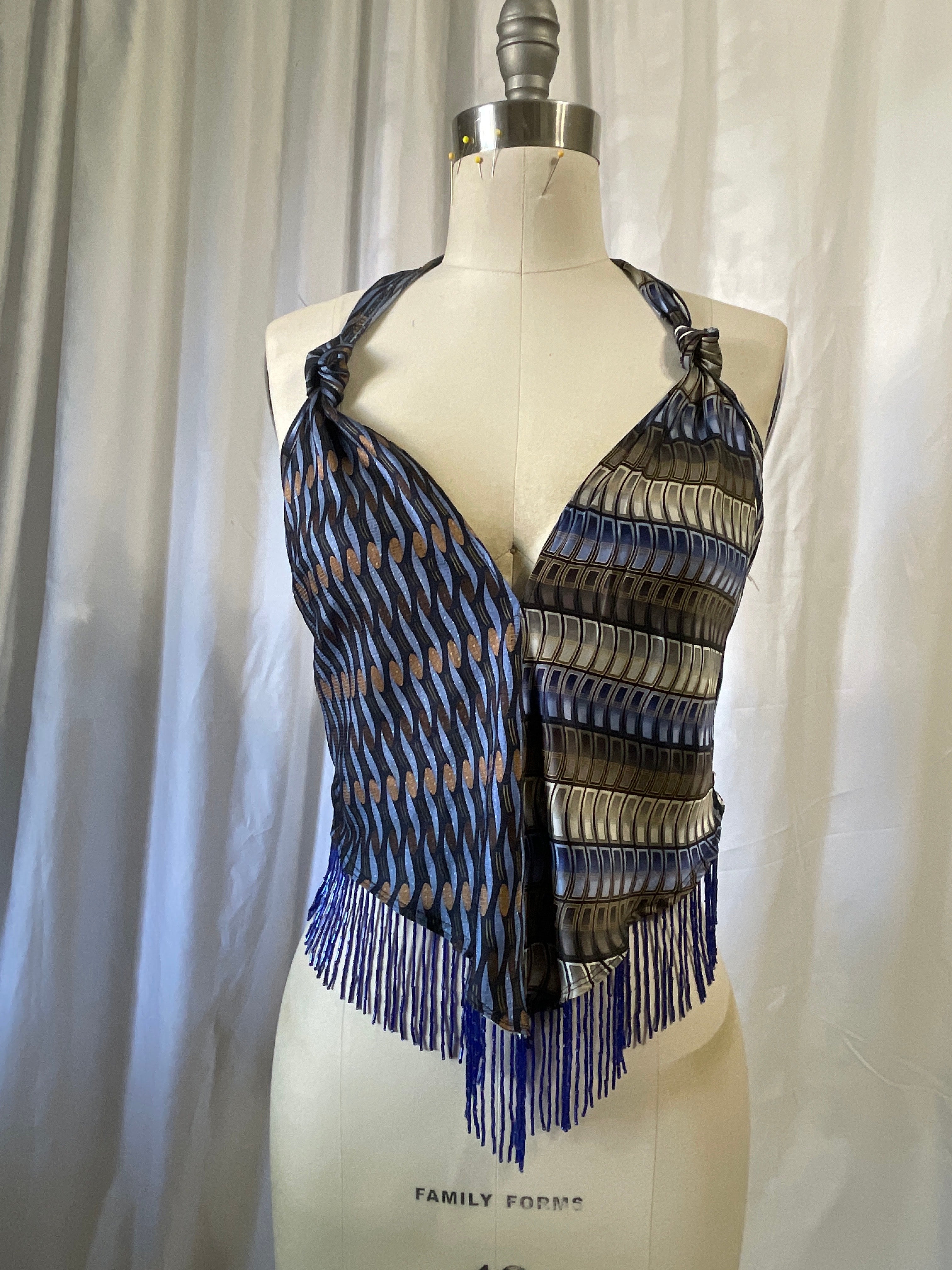 Upcycled Necktie V Top Fringe #7