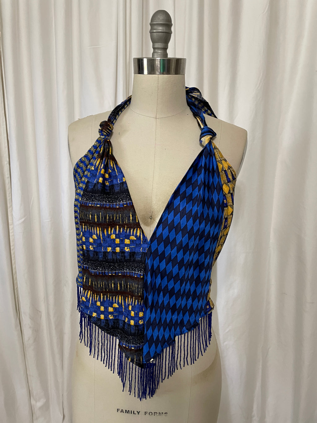 Upcycled Necktie V Top Fringe #14