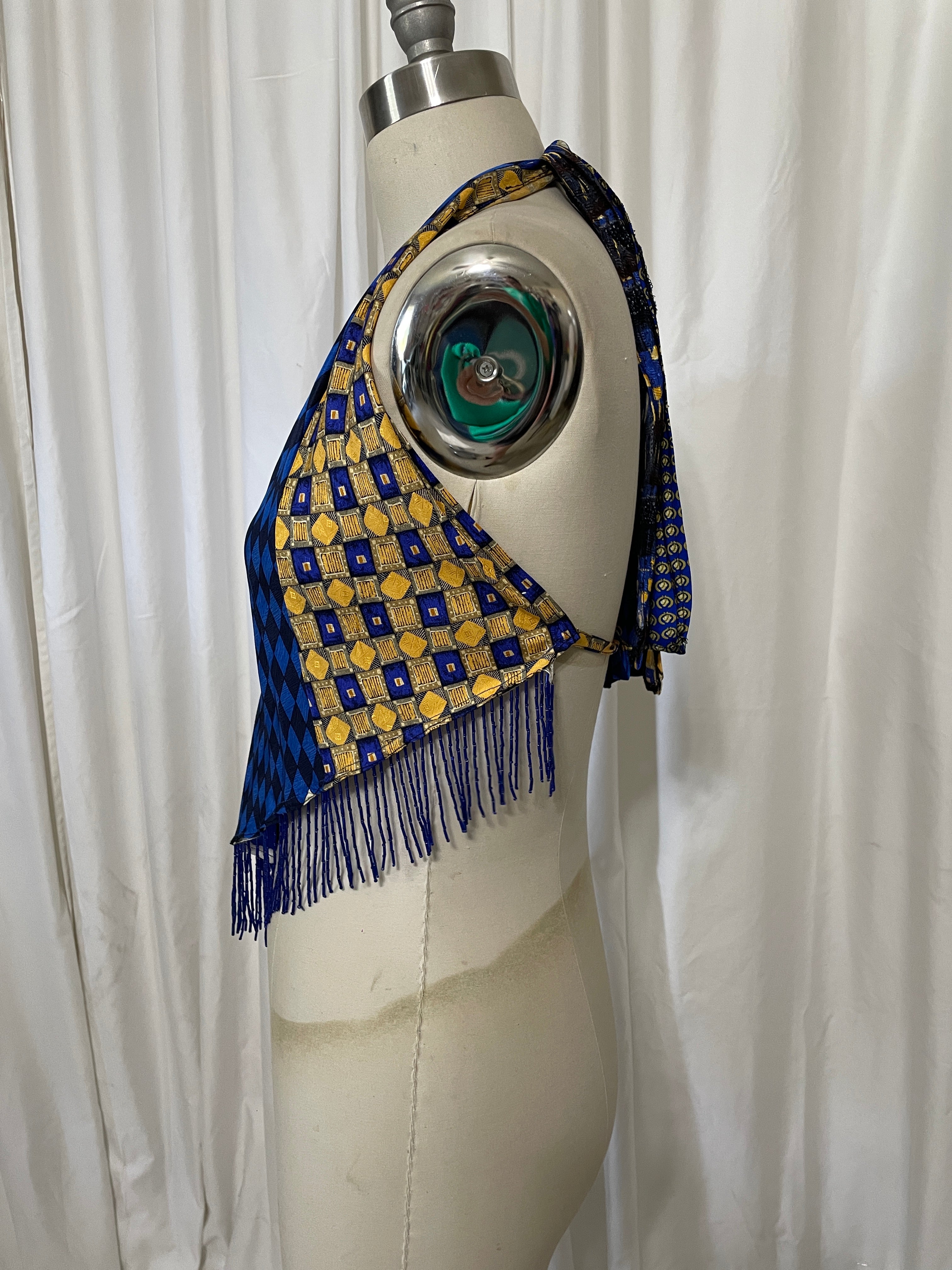 Upcycled Necktie V Top Fringe #14