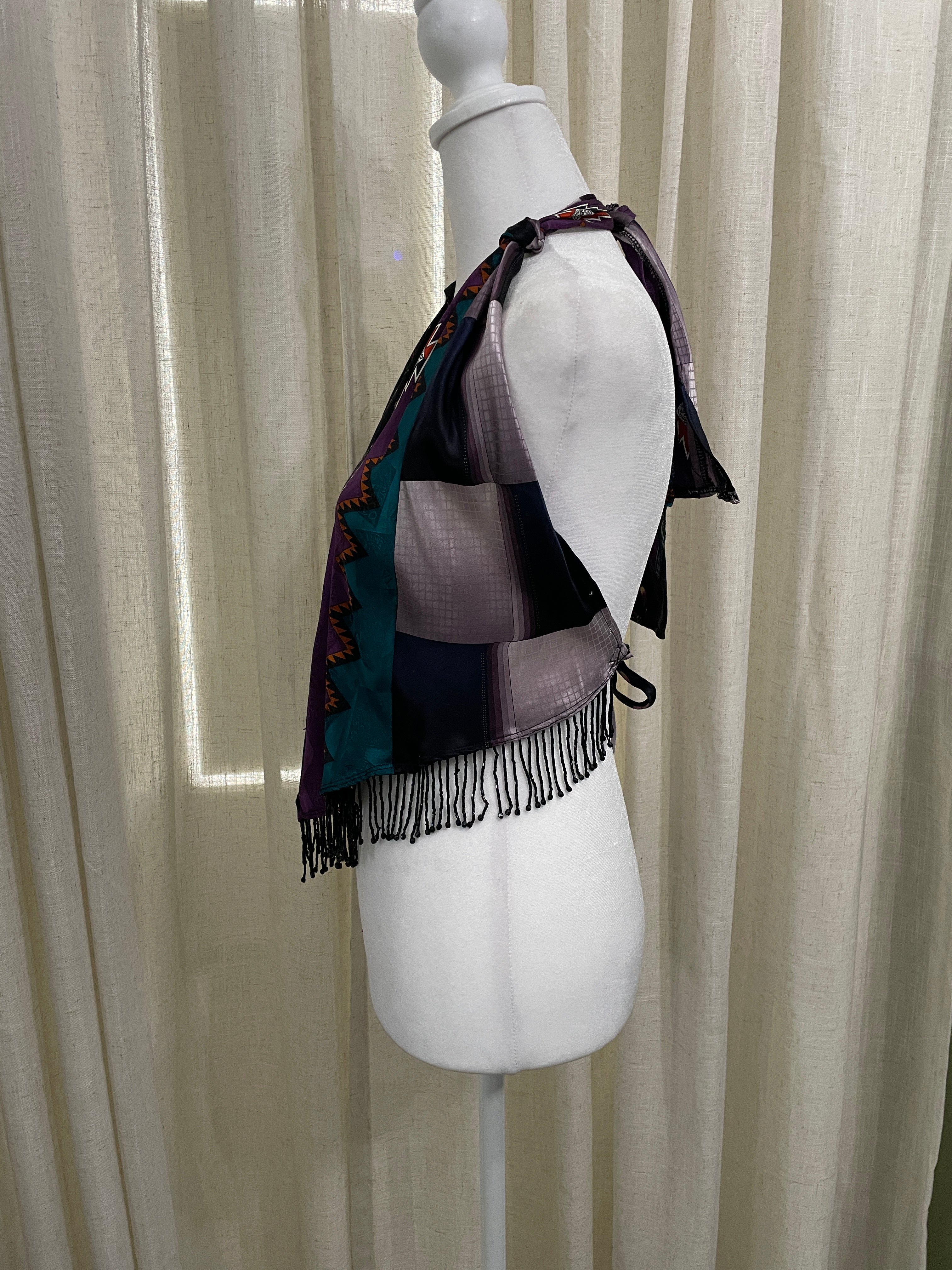 Upcycled Necktie V Top Fringe #15
