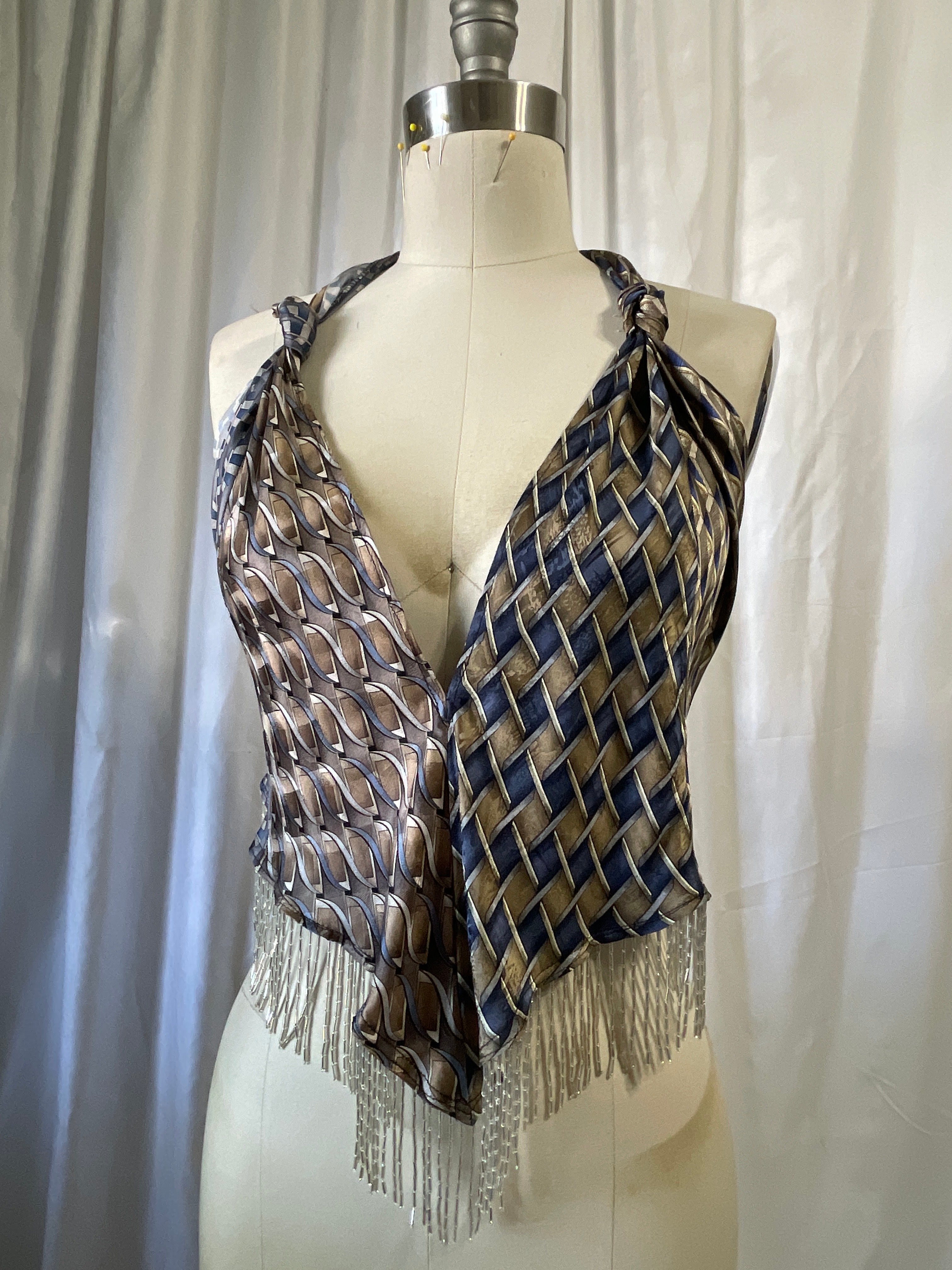 Upcycled Necktie V Top Fringe #8