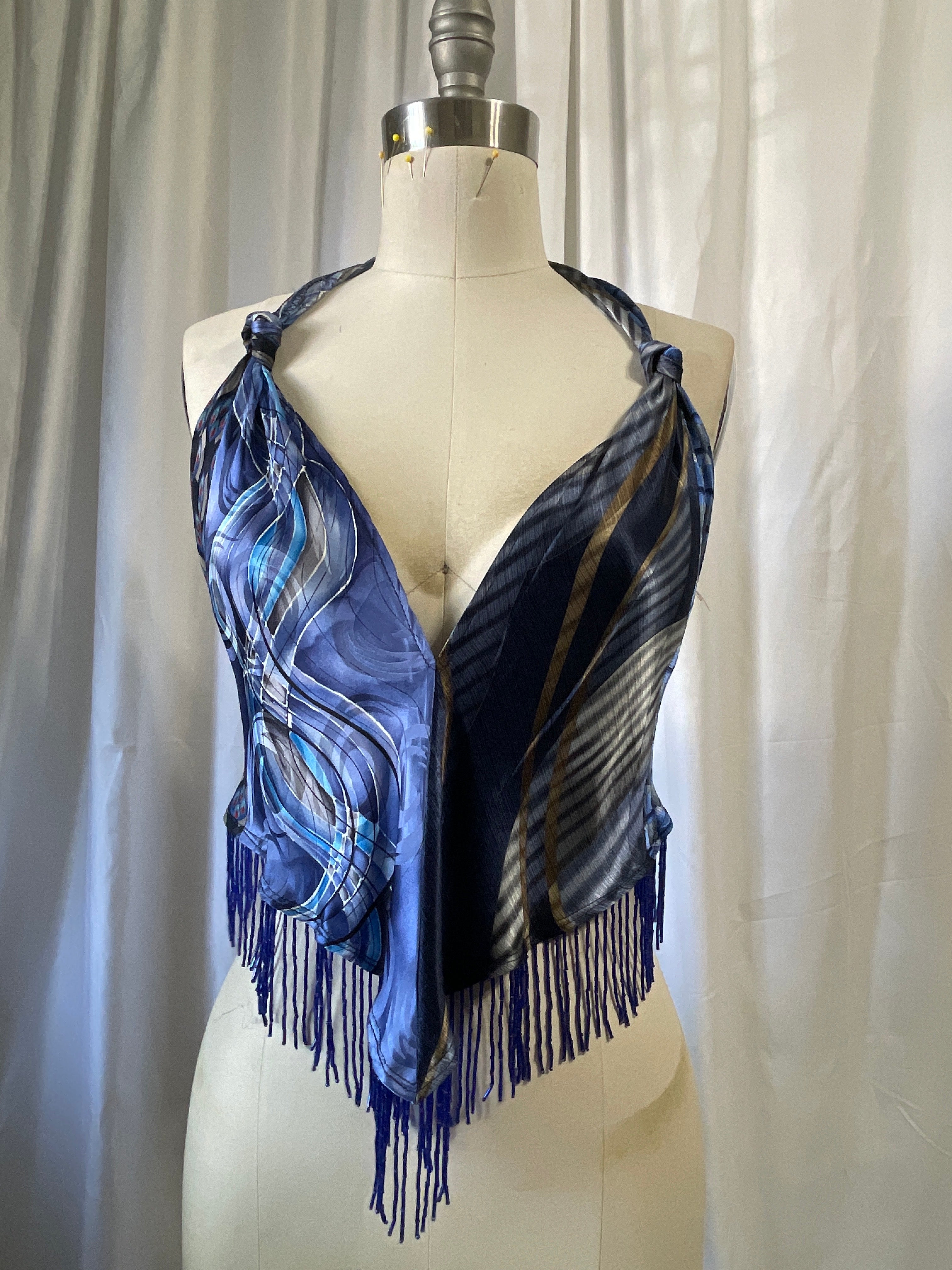 Upcycled Necktie V Top Fringe #9