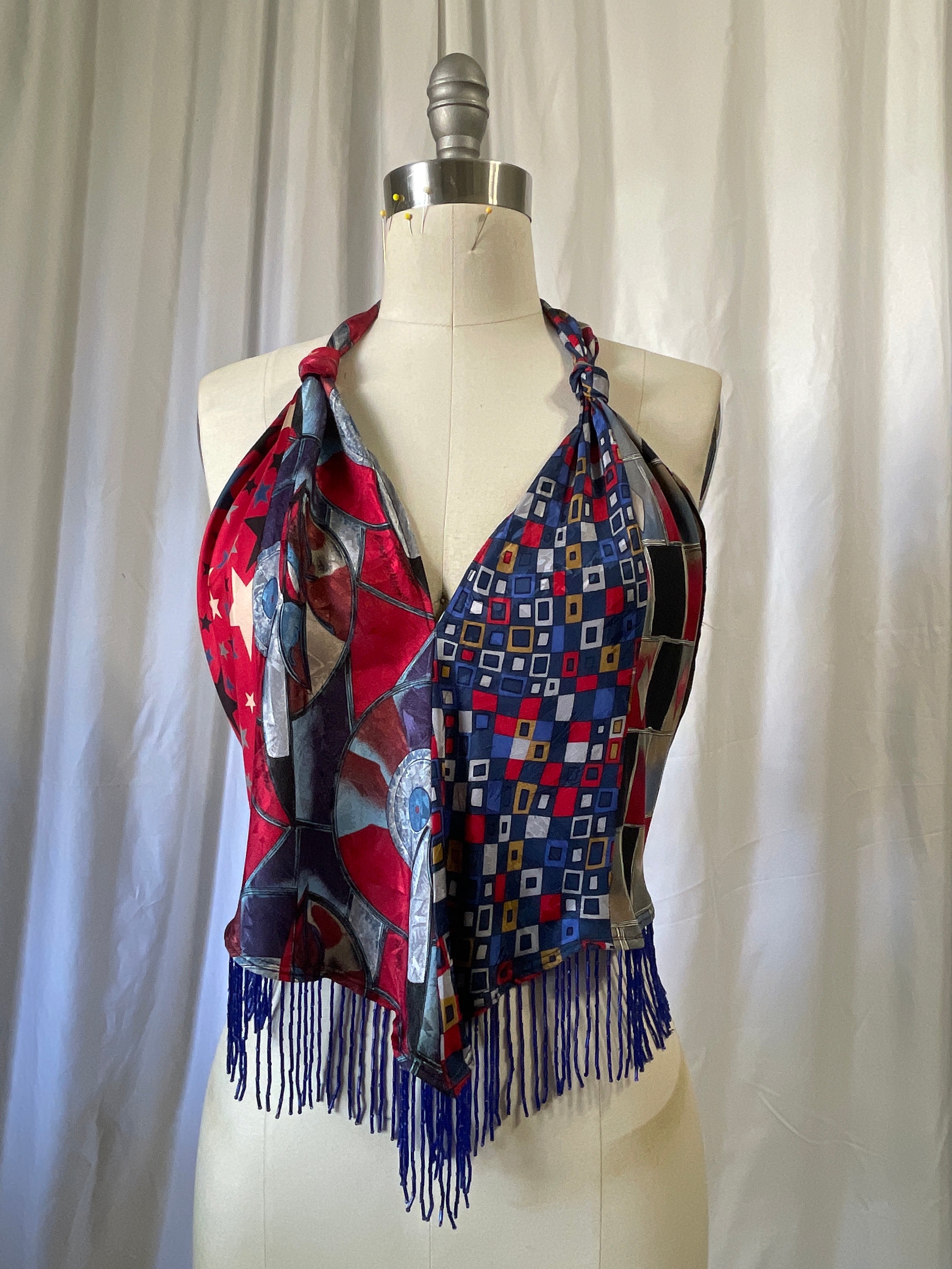 Upcycled Necktie V Top Fringe #6