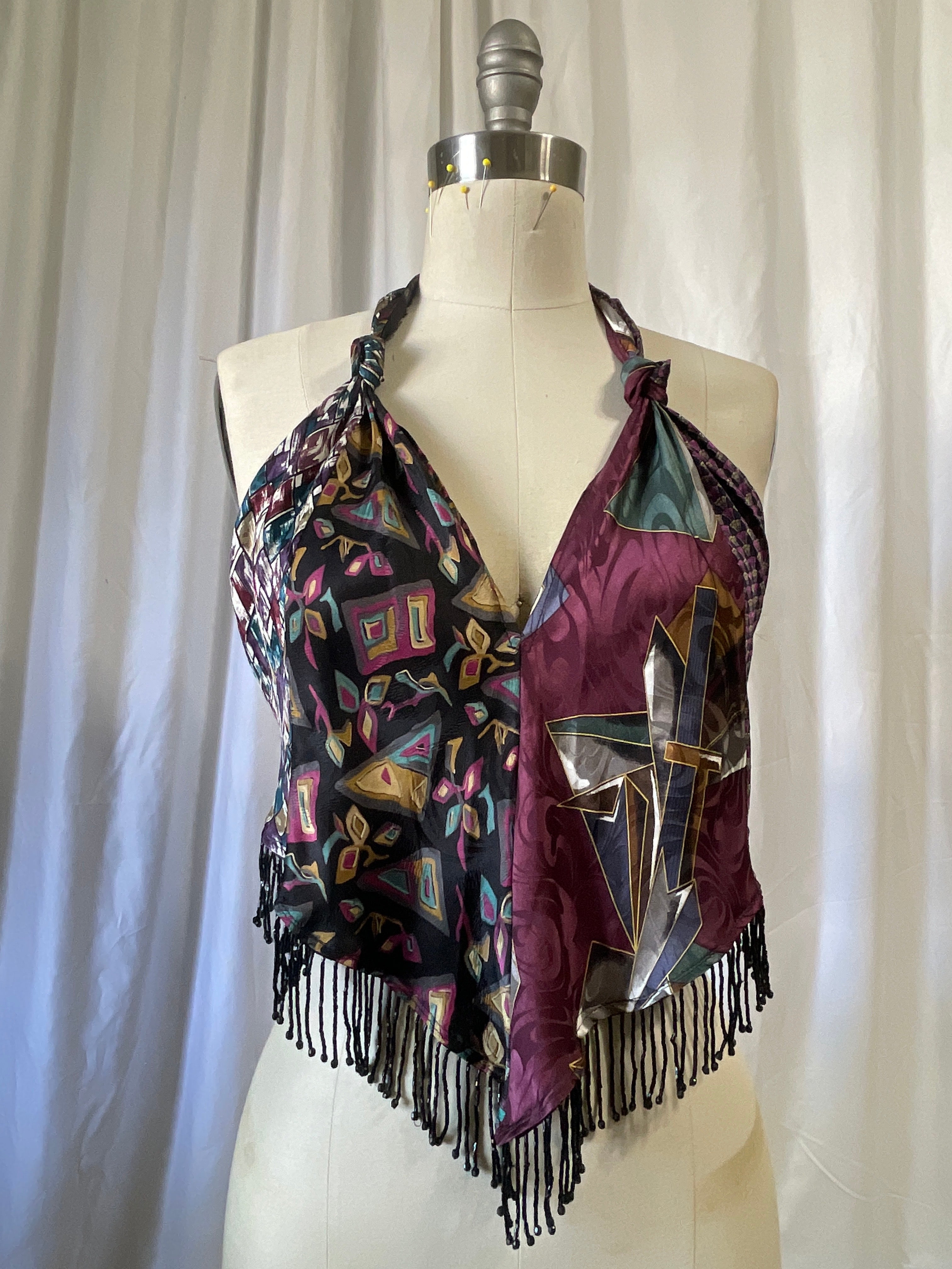 Upcycled Necktie V Top Fringe #5