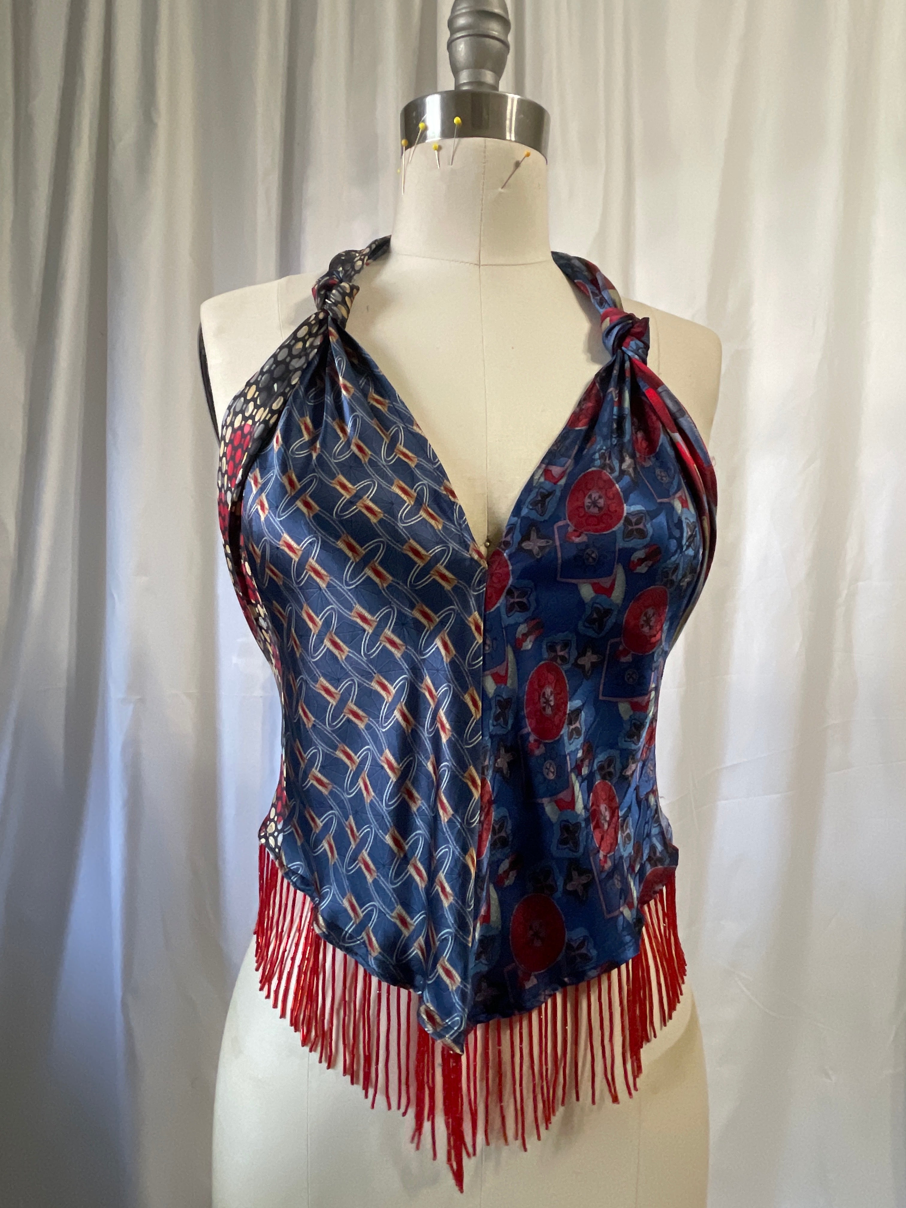 Upcycled Necktie V Top Fringe #10