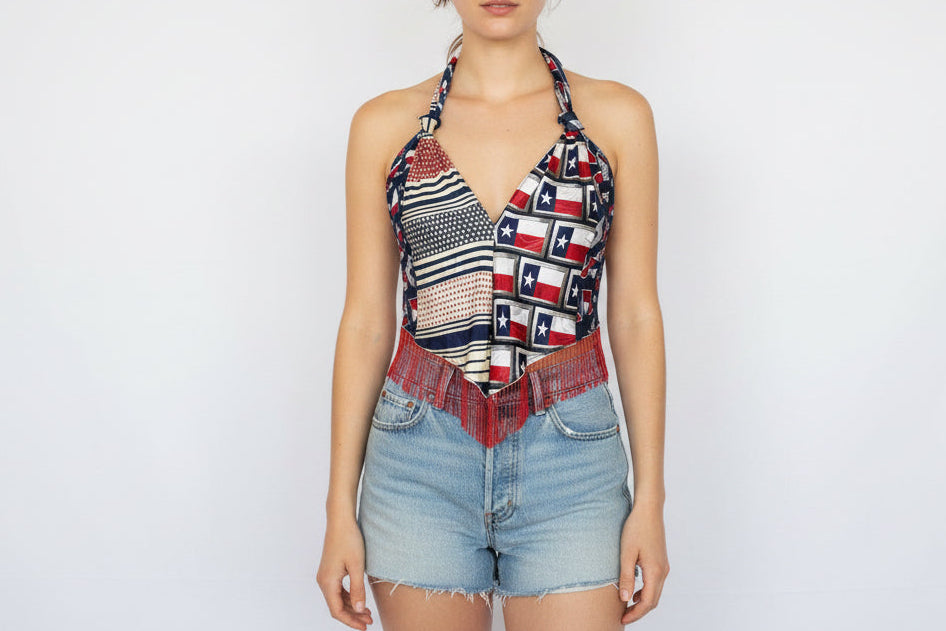 Upcycled Necktie V Top Fringe #12