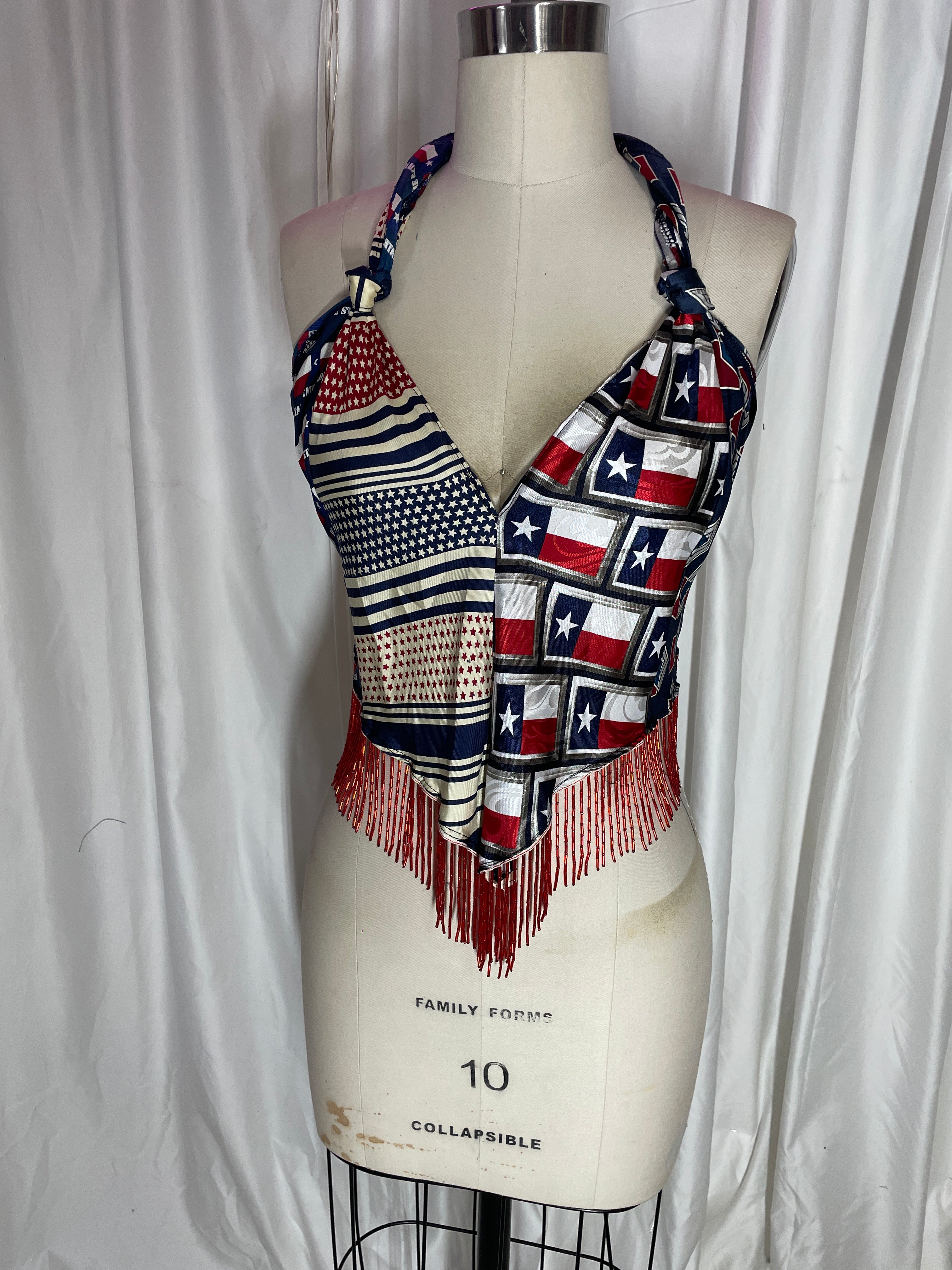 Upcycled Necktie V Top Fringe #12