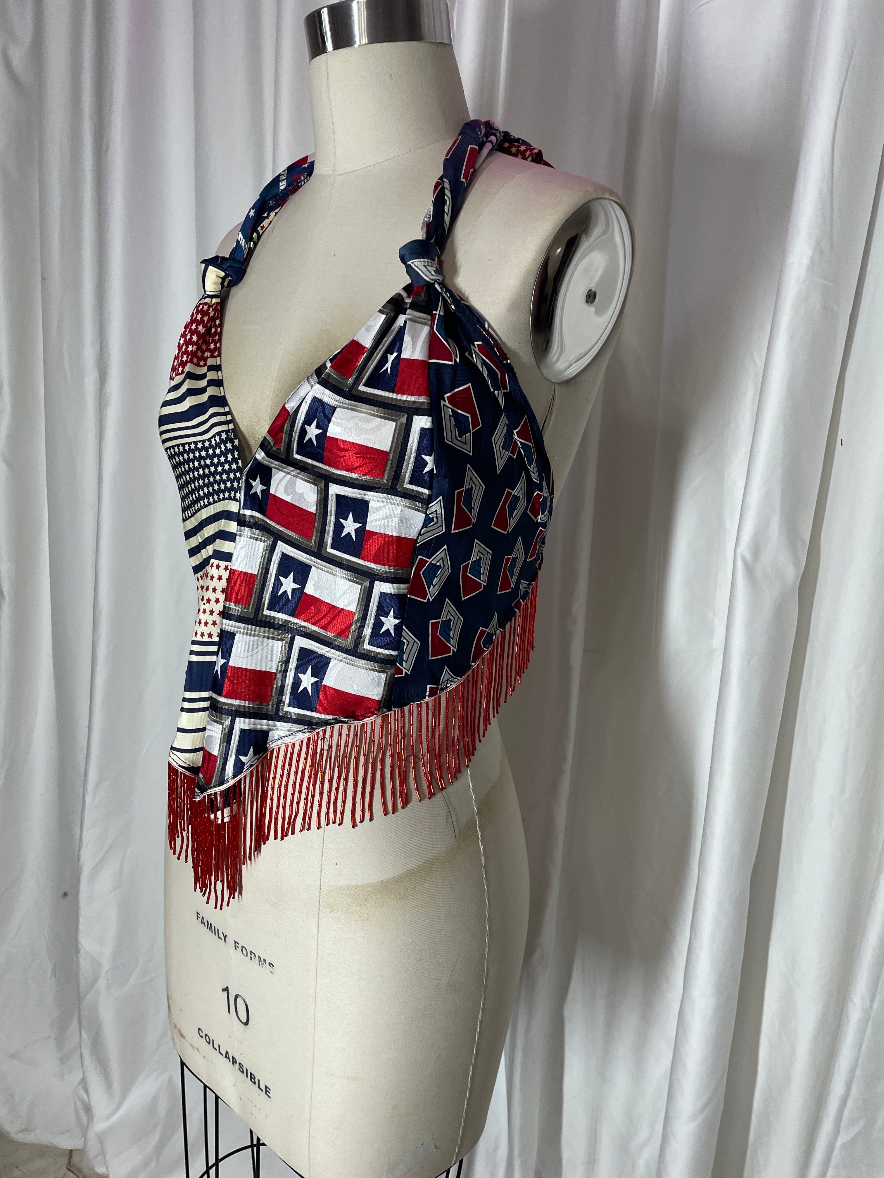 Upcycled Necktie V Top Fringe #12