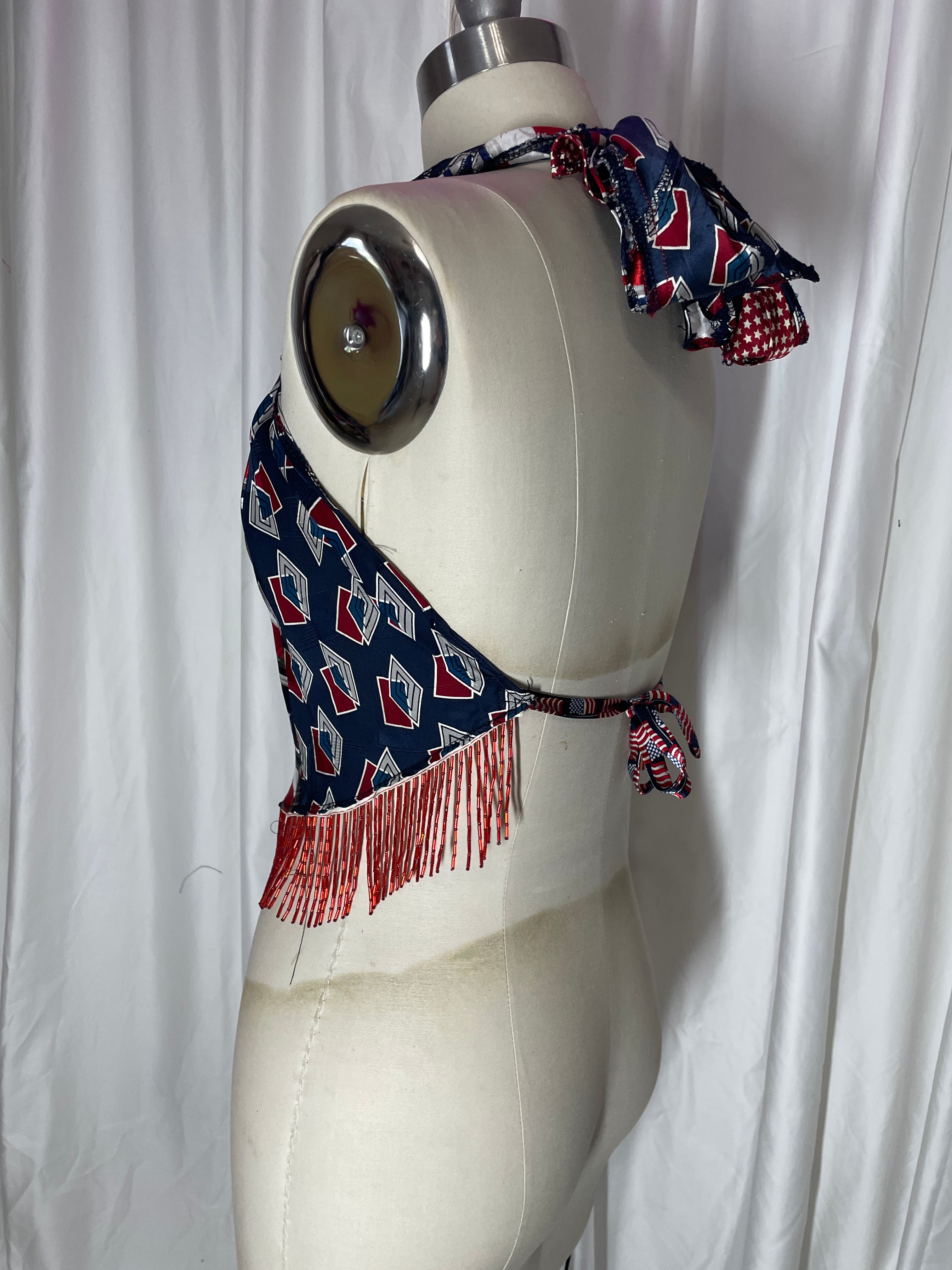 Upcycled Necktie V Top Fringe #12