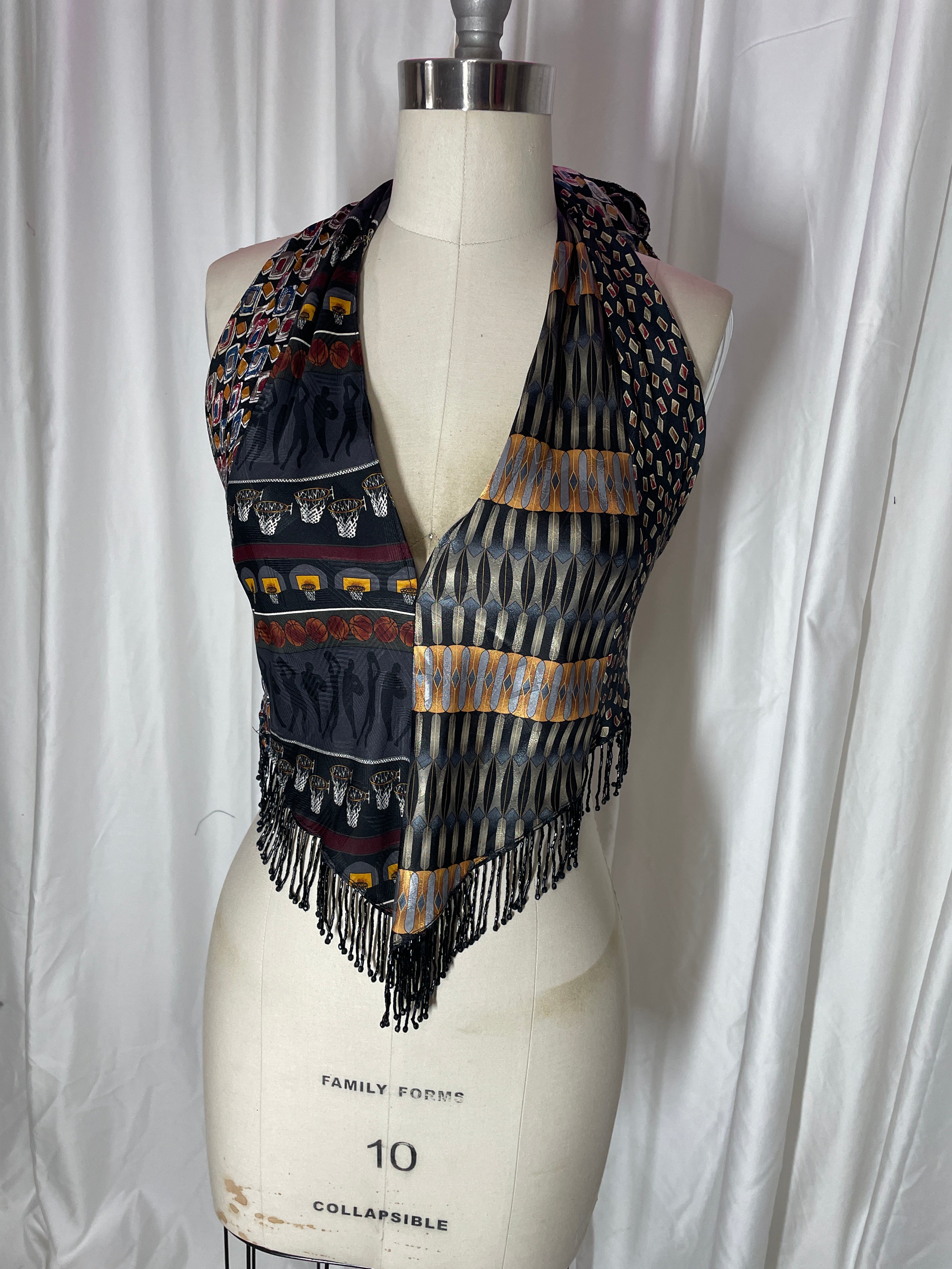Upcycled Necktie V Top Fringe #13