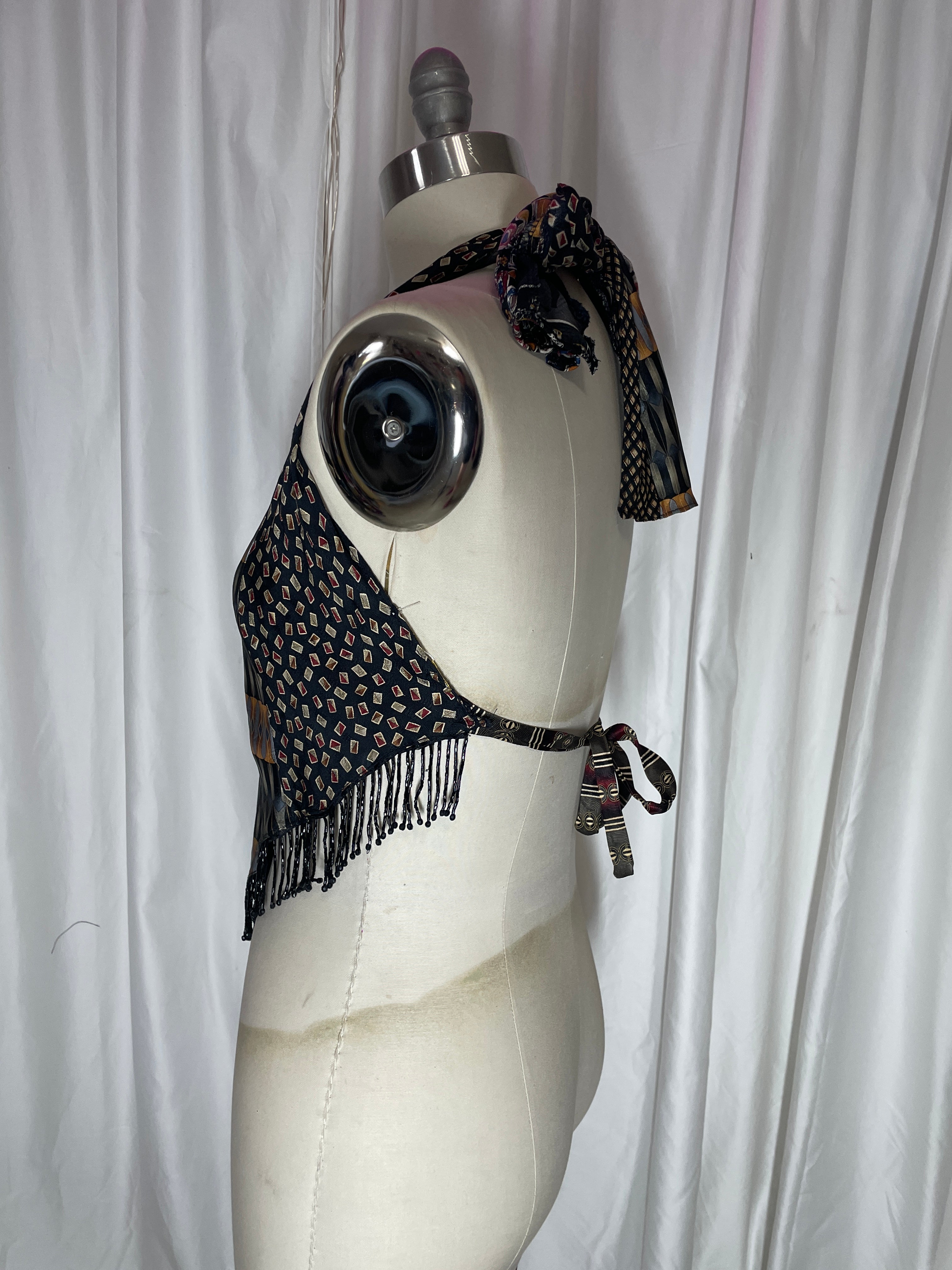 Upcycled Necktie V Top Fringe #13