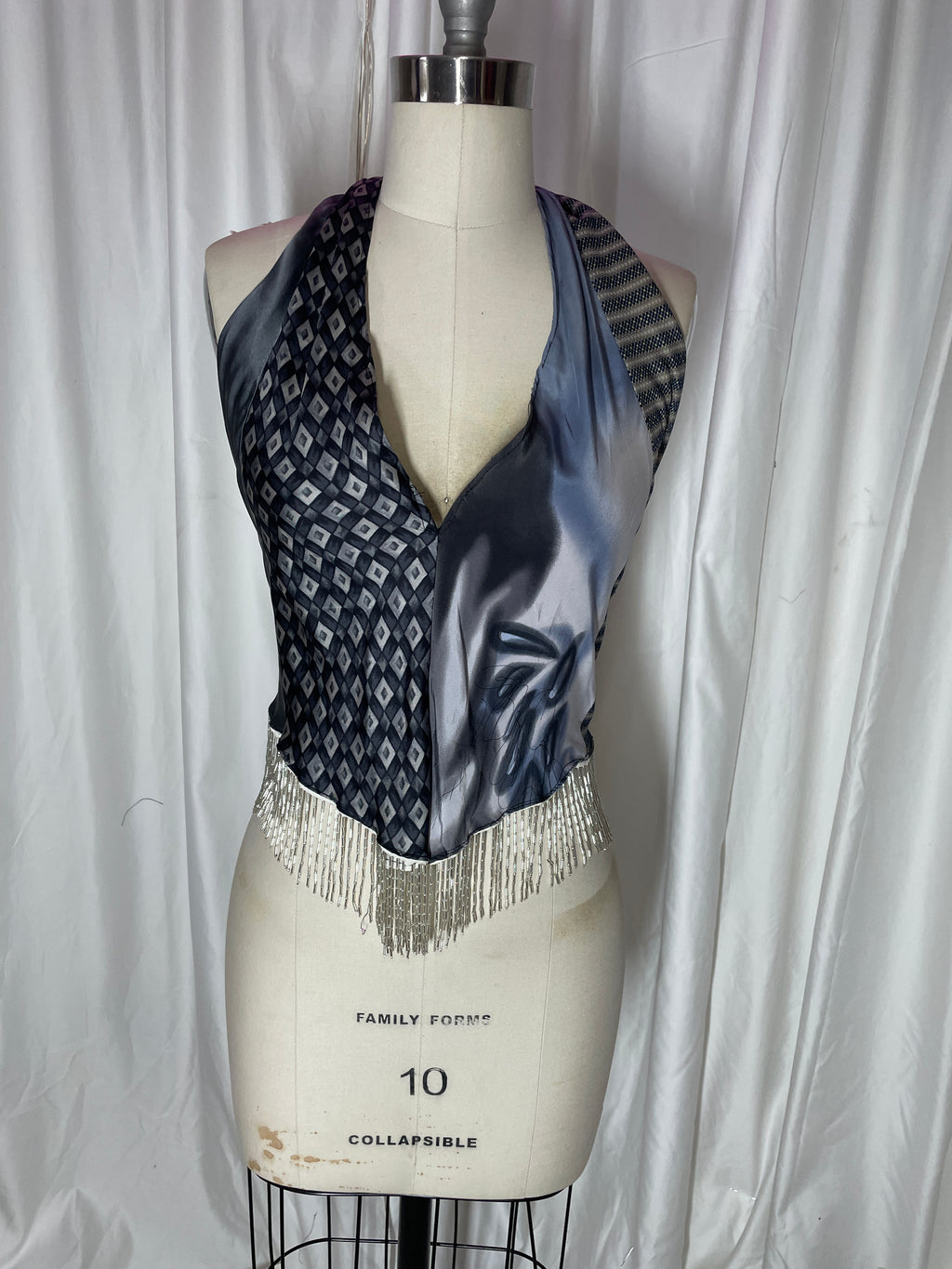 Upcycled Necktie V Top Fringe #14