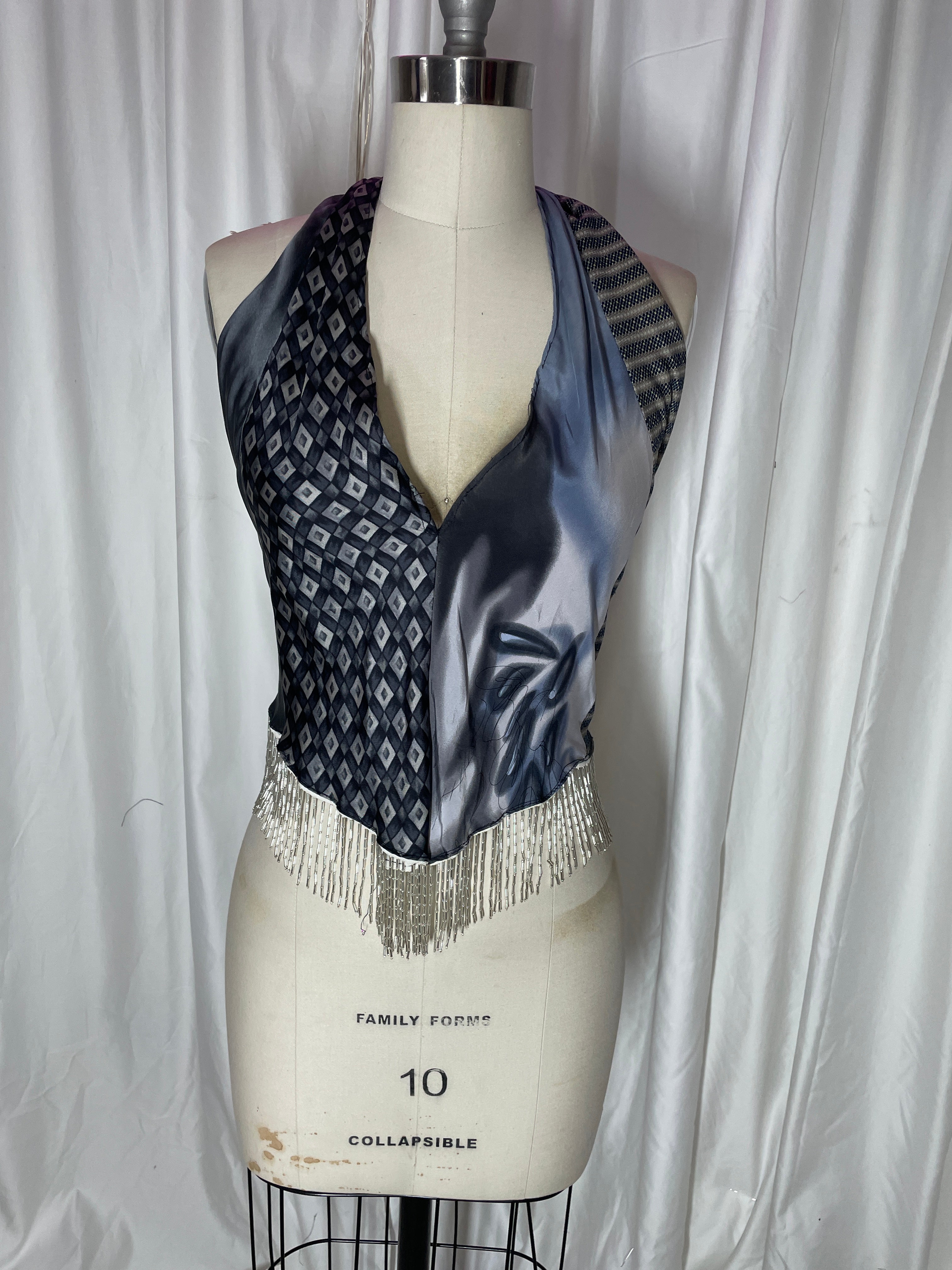 Upcycled Necktie V Top Fringe #14