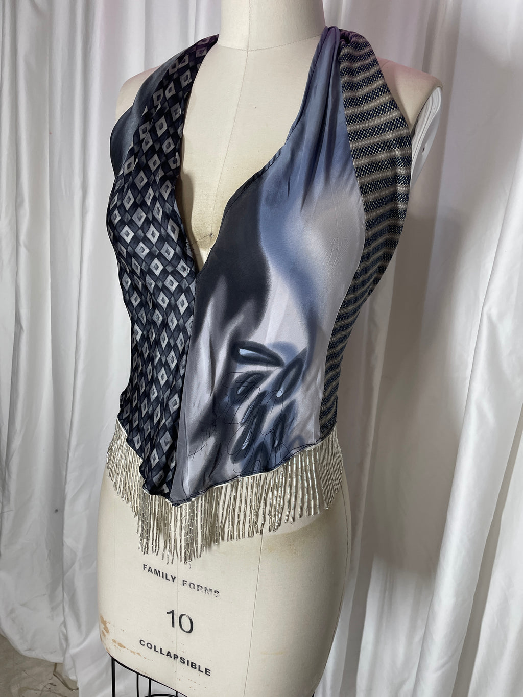 Upcycled Necktie V Top Fringe #14