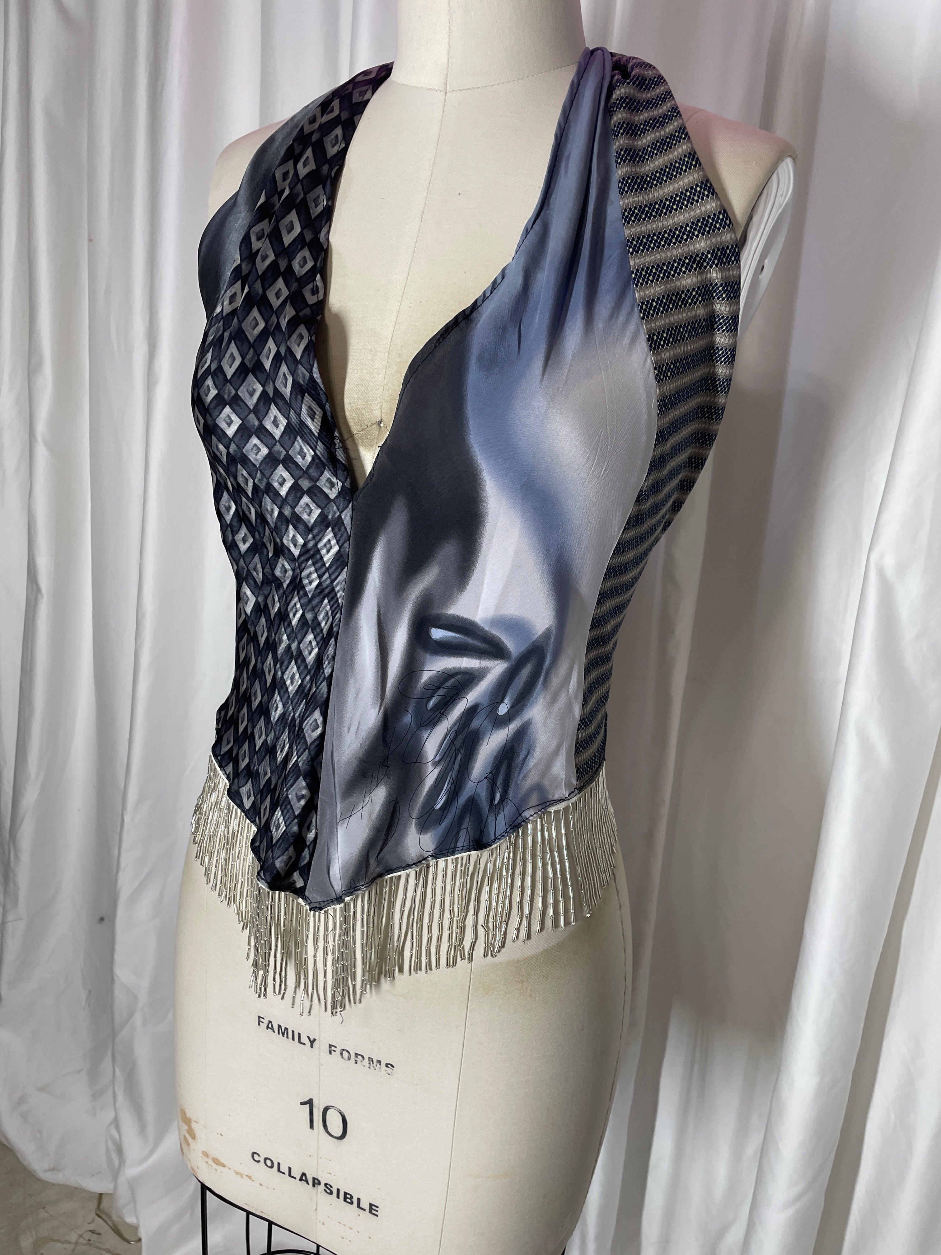Upcycled Necktie V Top Fringe #14