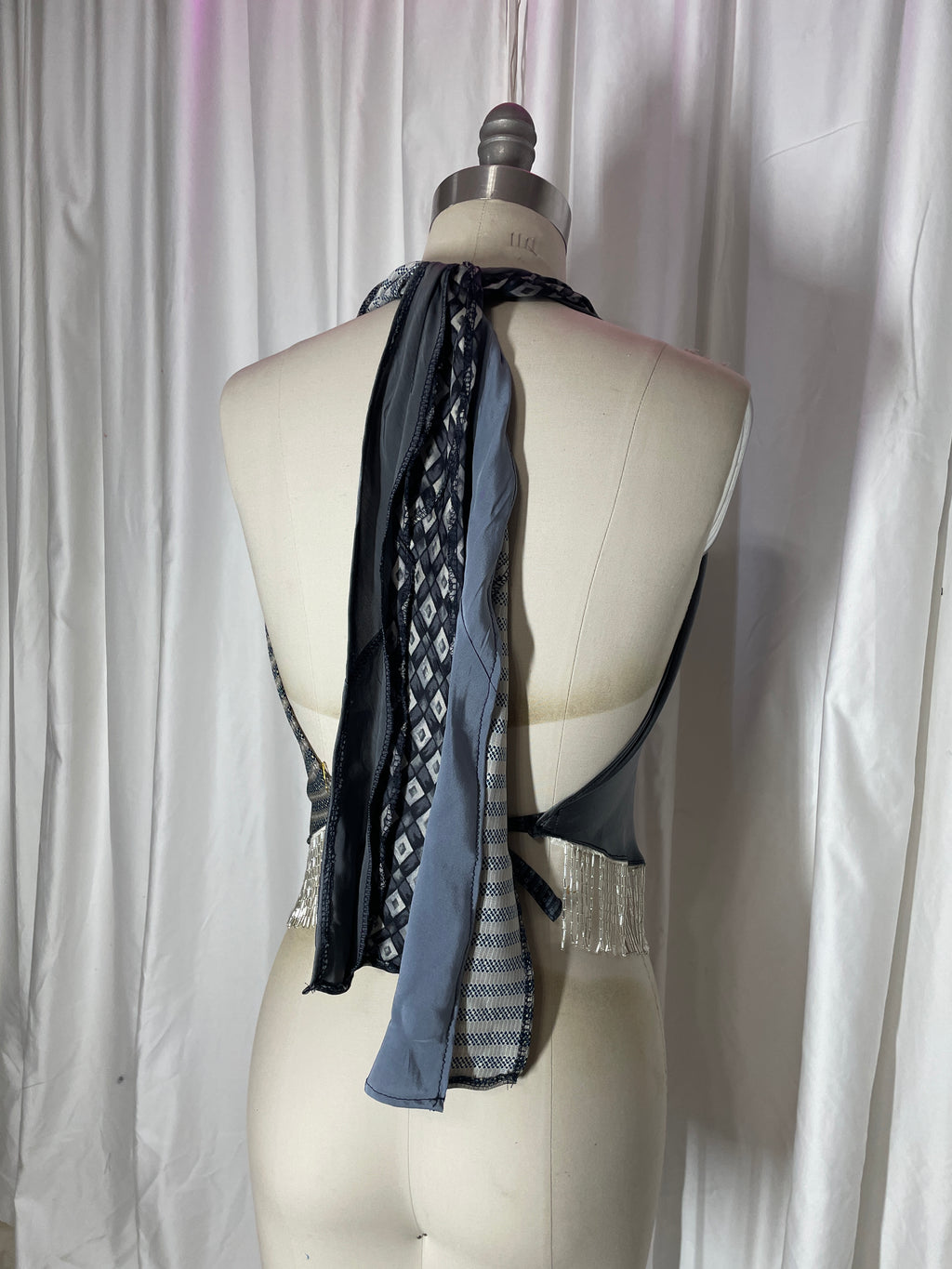 Upcycled Necktie V Top Fringe #14