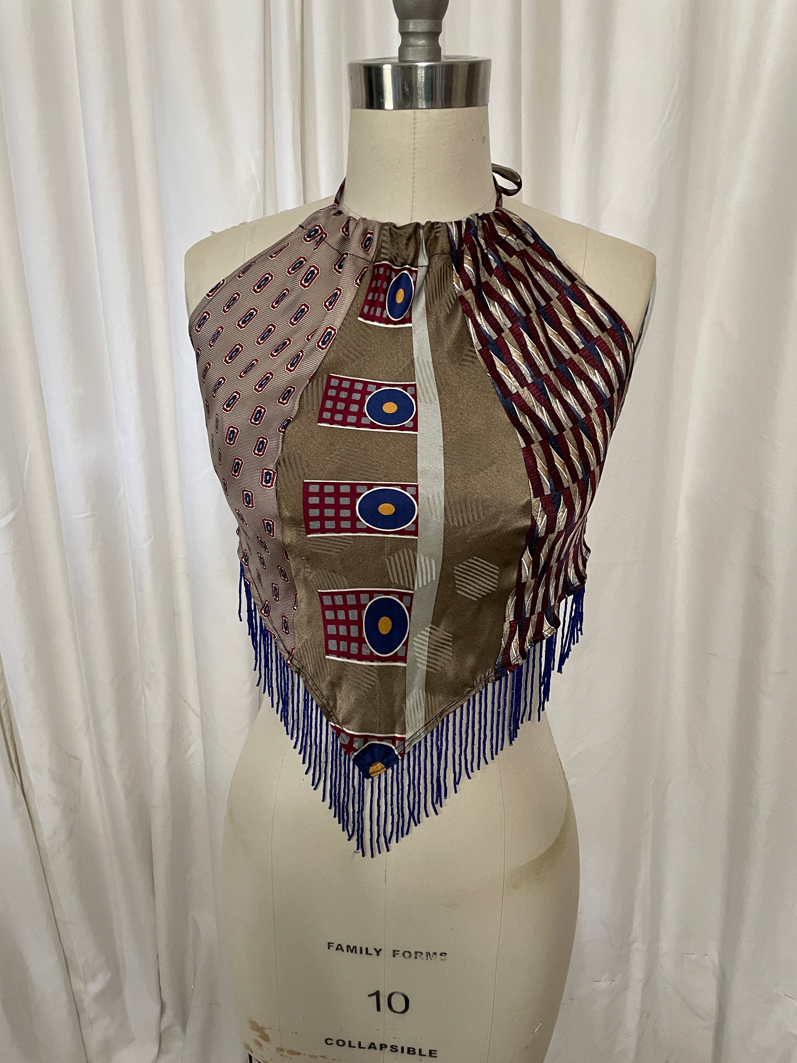 Upcycled Necktie Top #H1 fringe