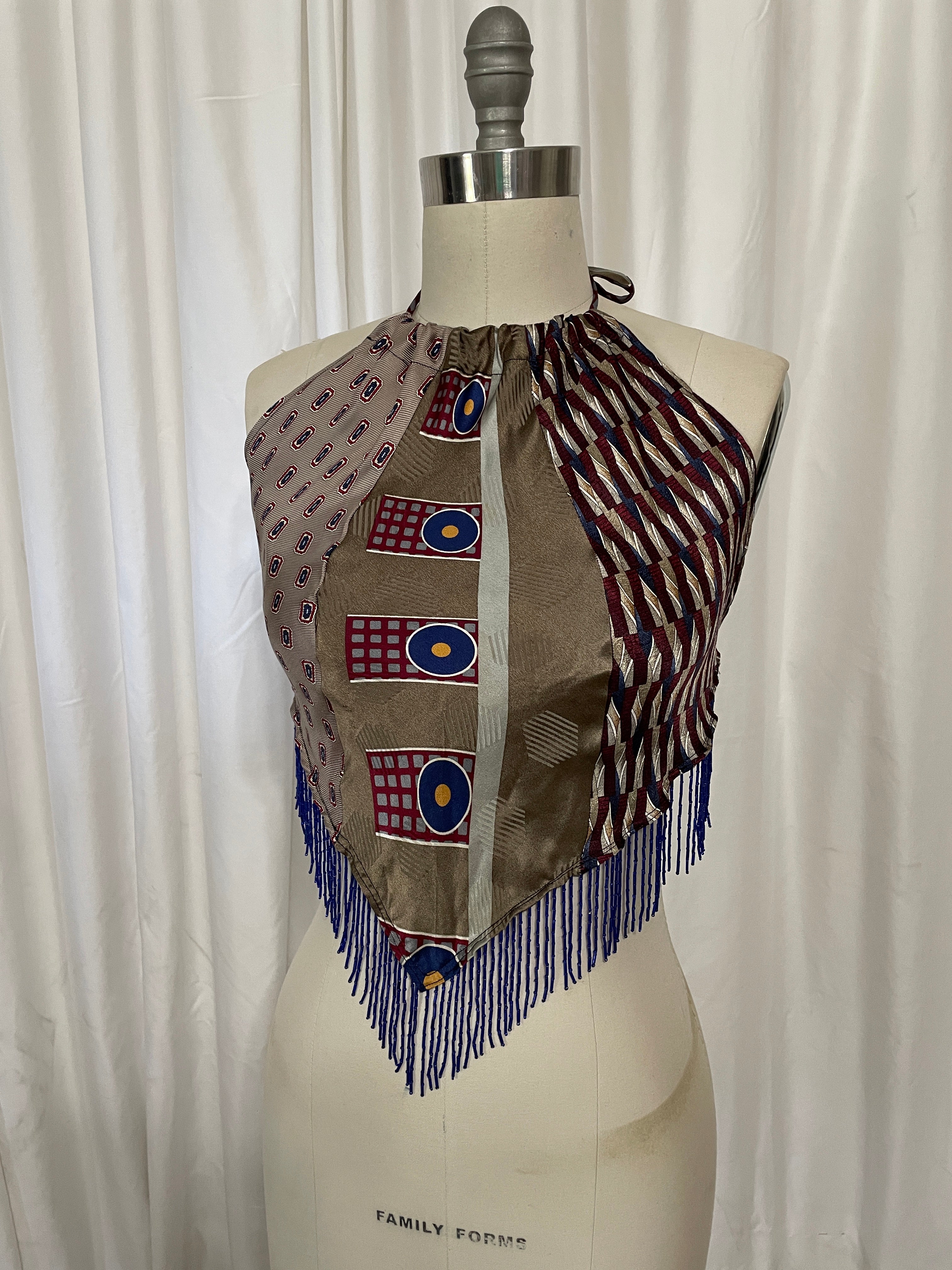 Upcycled Necktie Top #H1 fringe