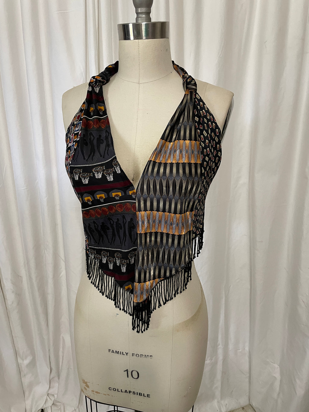 Upcycled Necktie V Top Fringe #13