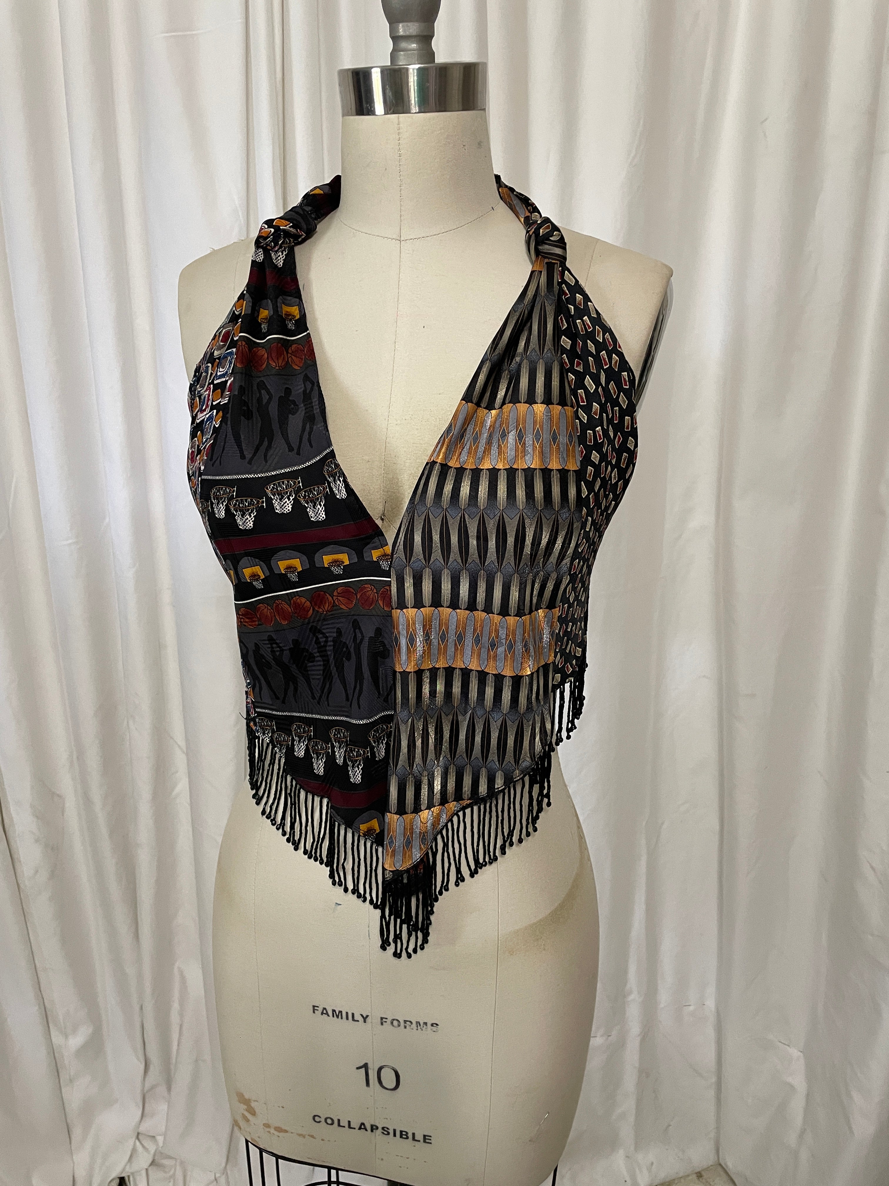 Upcycled Necktie V Top Fringe #13