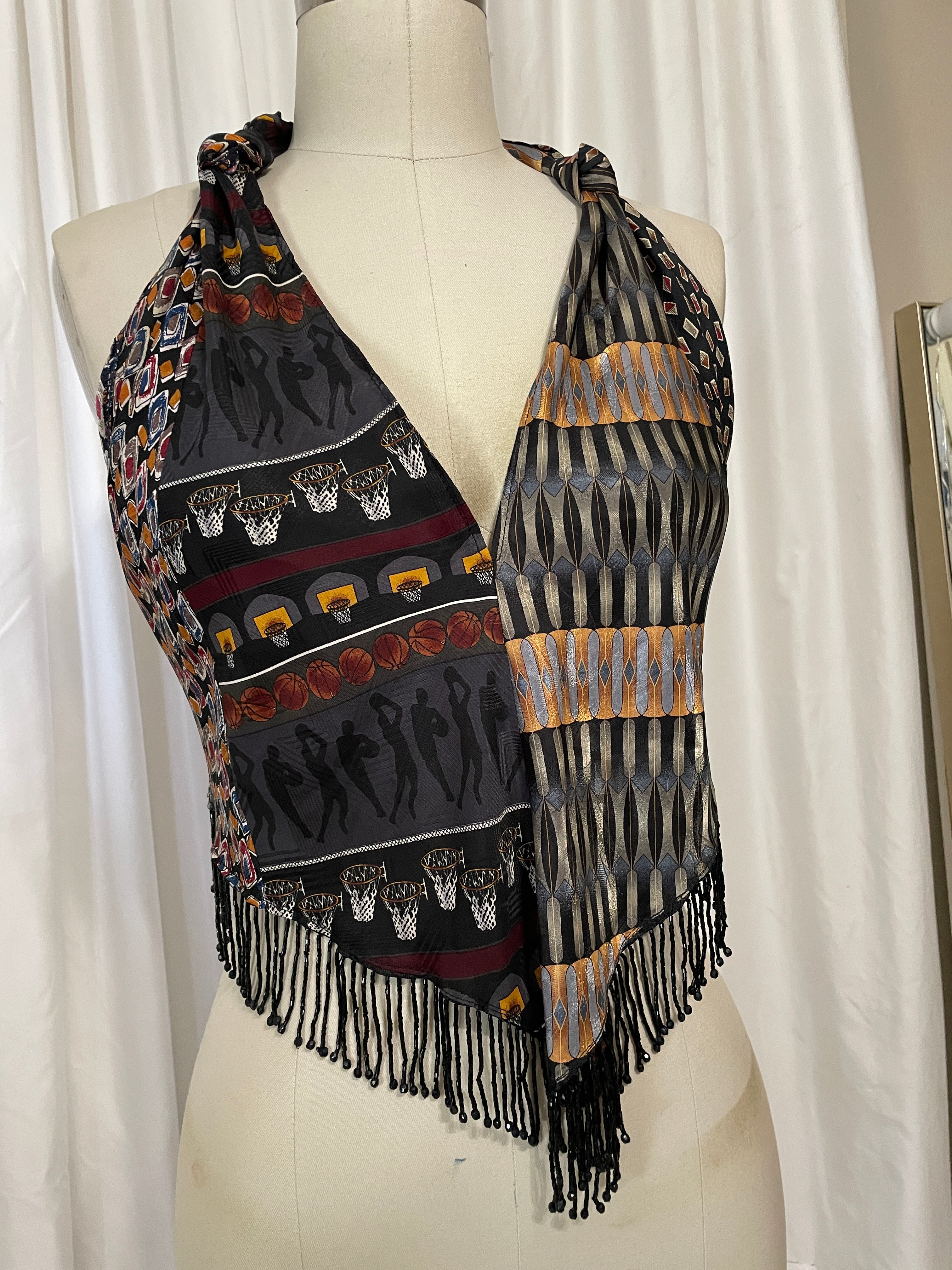 Upcycled Necktie V Top Fringe #13
