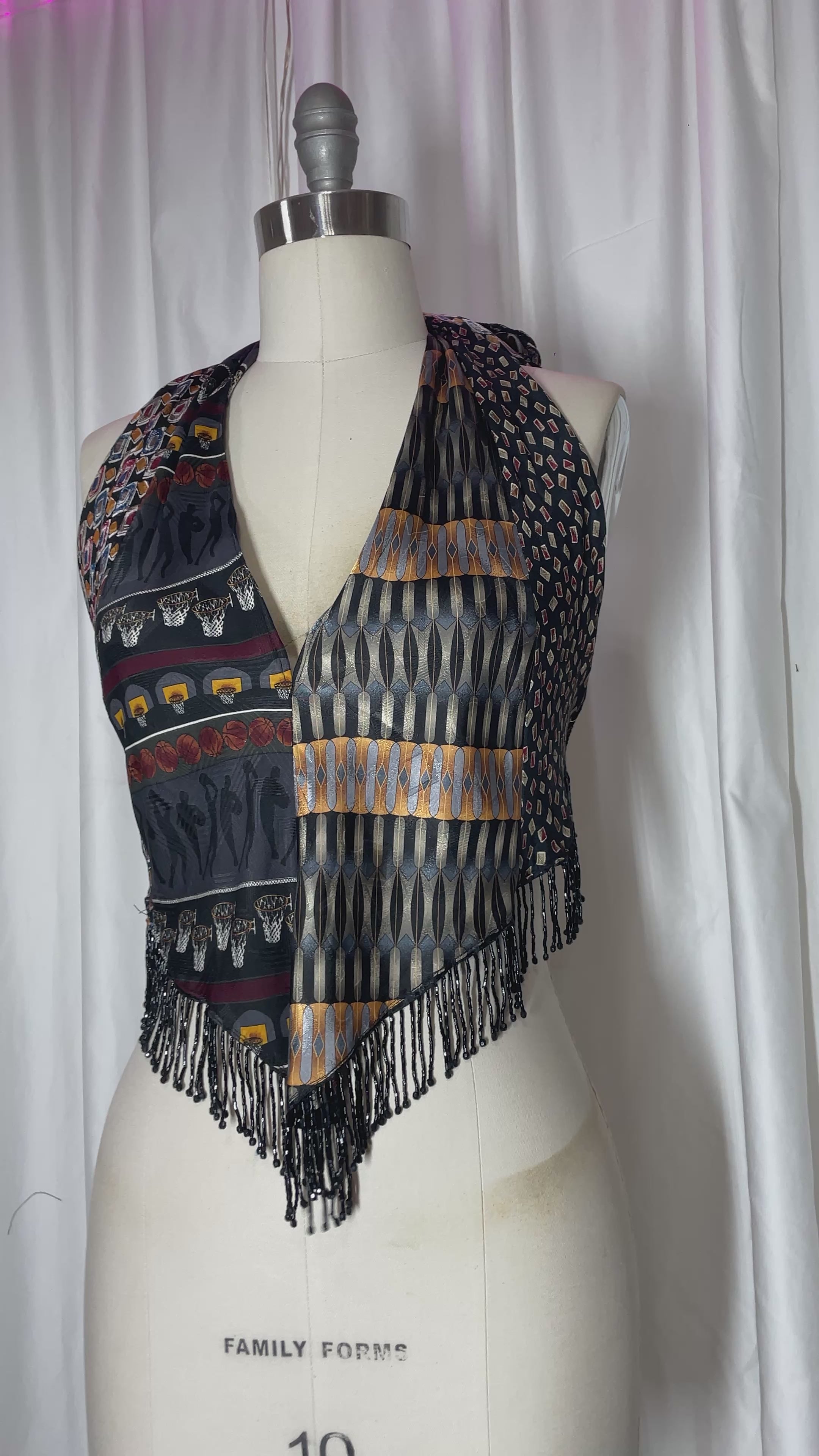 Upcycled Necktie V Top Fringe #13