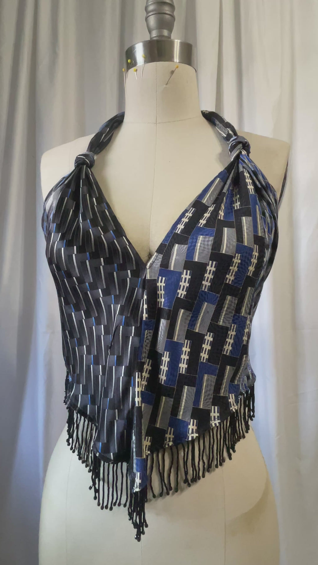 Upcycled Necktie V Top Fringe #3
