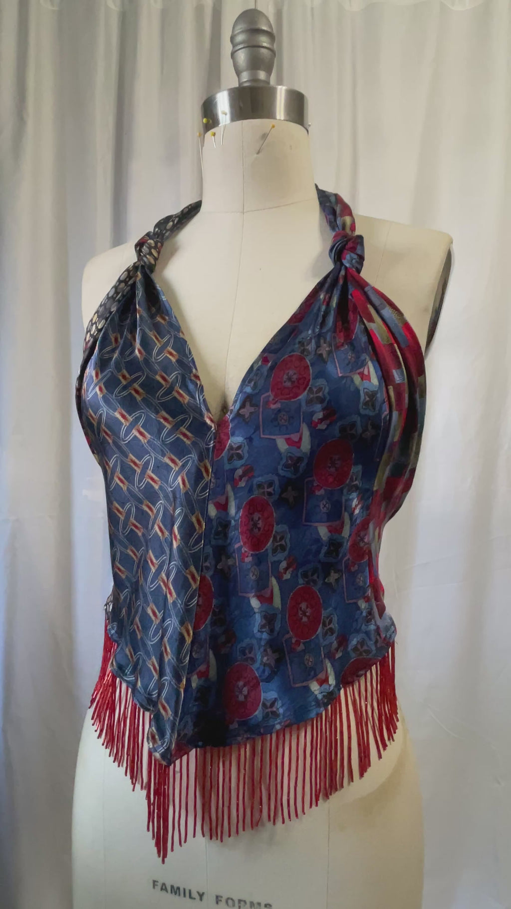 Upcycled Necktie V Top Fringe #10